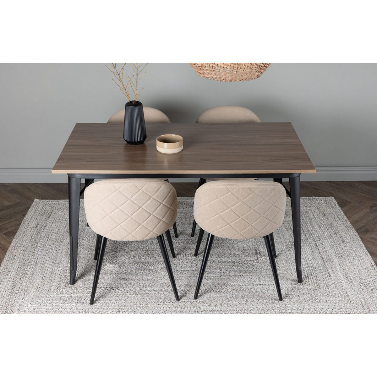 Tempe, Velvet Rektangulär matgrupp Beige, Svart, Valnöt, 140 x 80