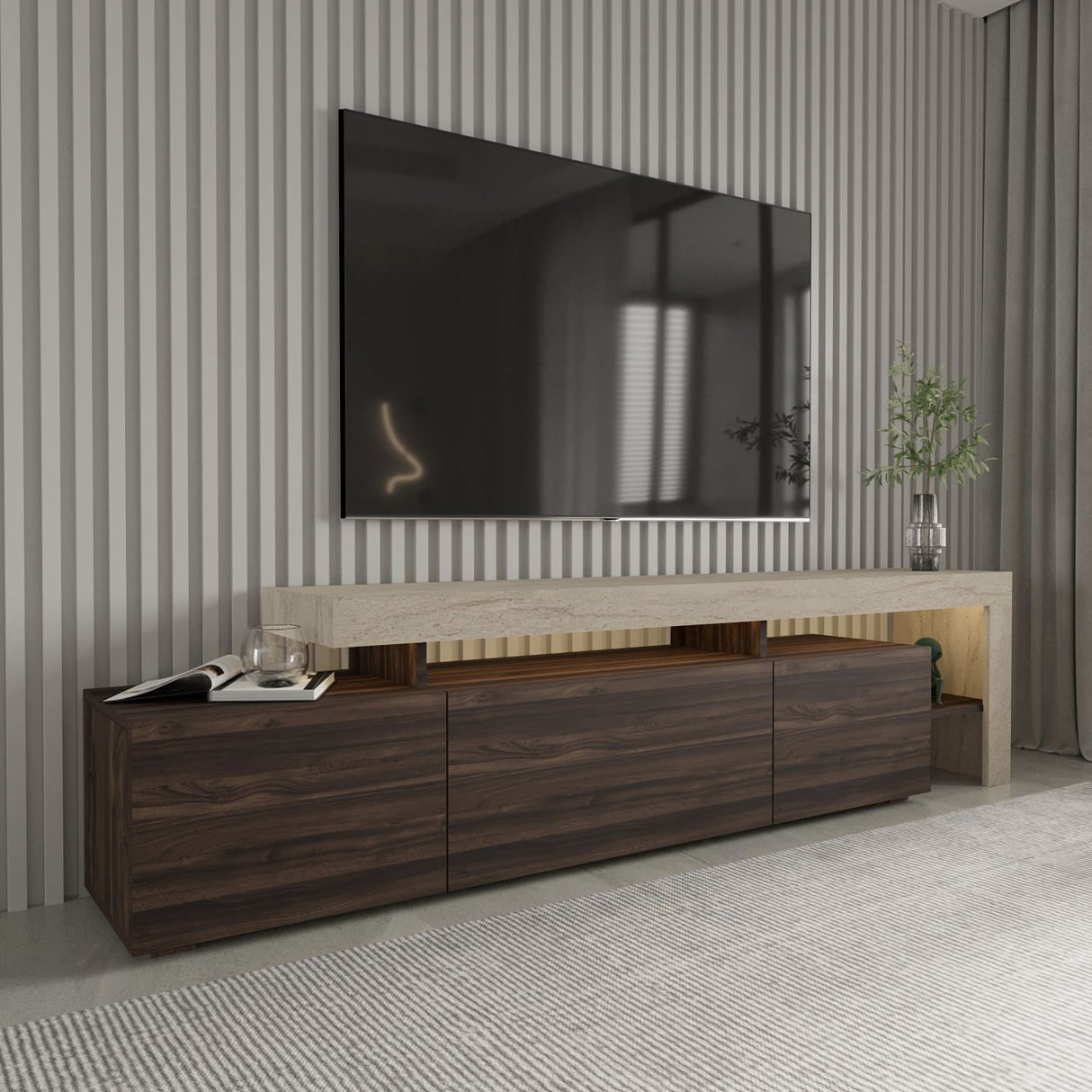 Accra (192 x 53 x 37 cm) TV-bänk Travertin, valnöt