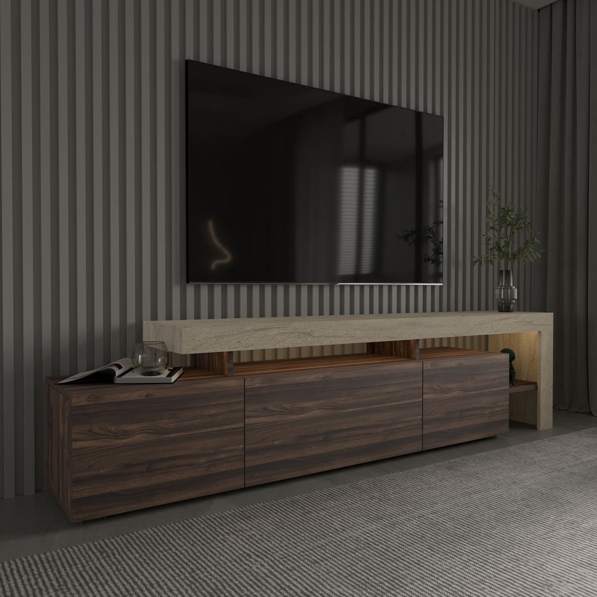 Accra (192 x 53 x 37 cm) TV-bänk Travertin, valnöt