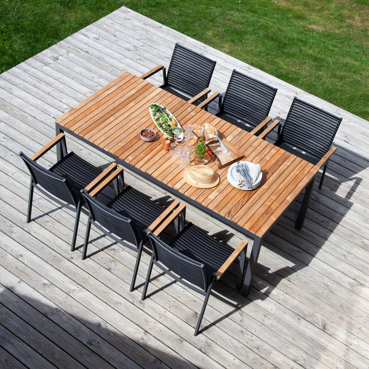 Mood/Mood Extreme Trädgårdsmöbelset i Teak och Aluminium Antracit 208 cm + 6 stolar