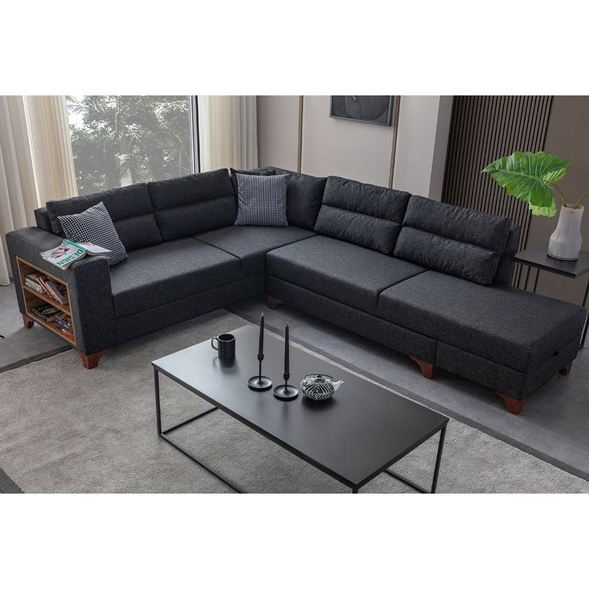 Porto (230 x 90 x 150 cm) Hörnsoffa-bäddsoffa Antracit, Vänster