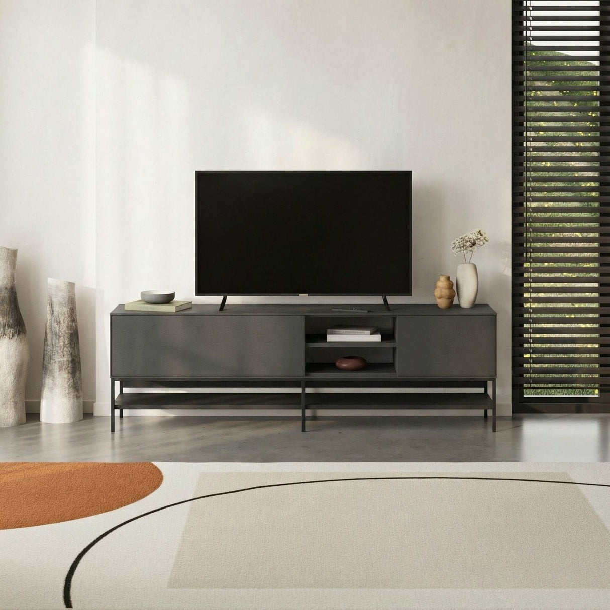 Tallinn (180 x 55 x 35 cm) TV-bänk Antracit trä svart svart