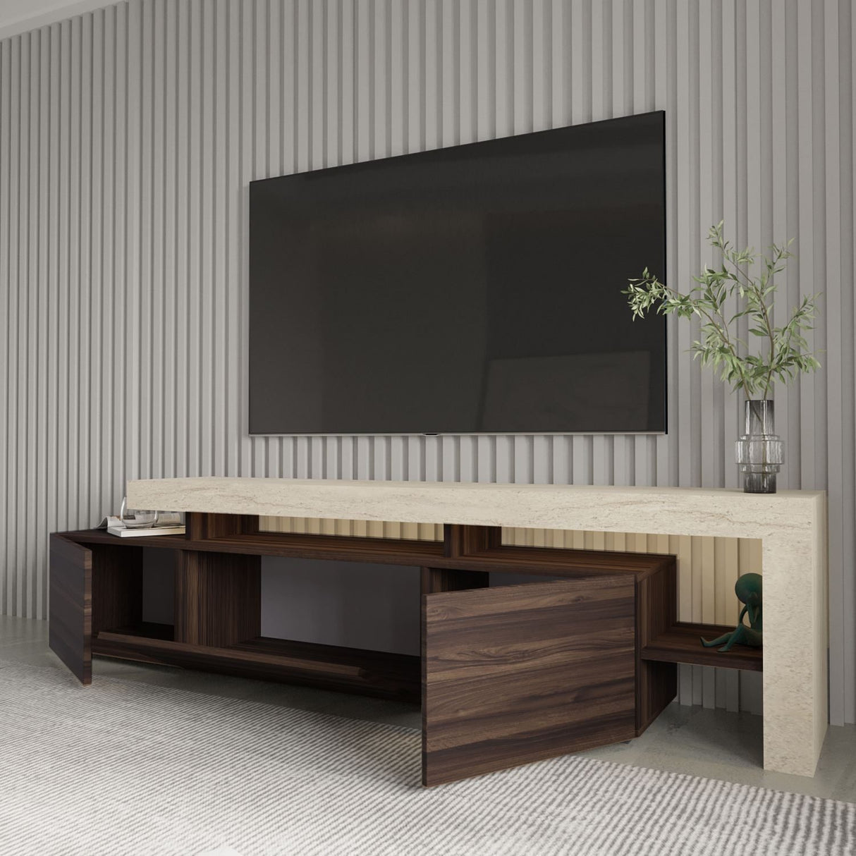 Accra (192 x 53 x 37 cm) TV-bänk Travertin, valnöt