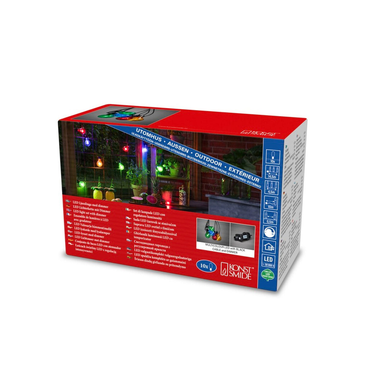 E27 LED Svart kabel 24V/IP44 Ljusslinga Ute 10 Lampor (4.5m), Färgad