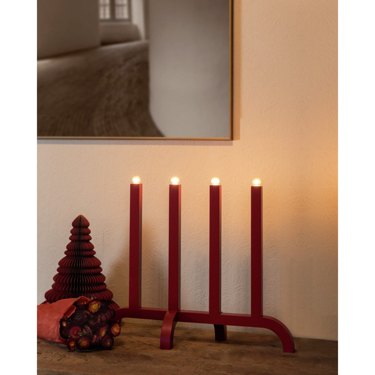 4 Ljus LED Trä 50 cm Elljusstake Röd