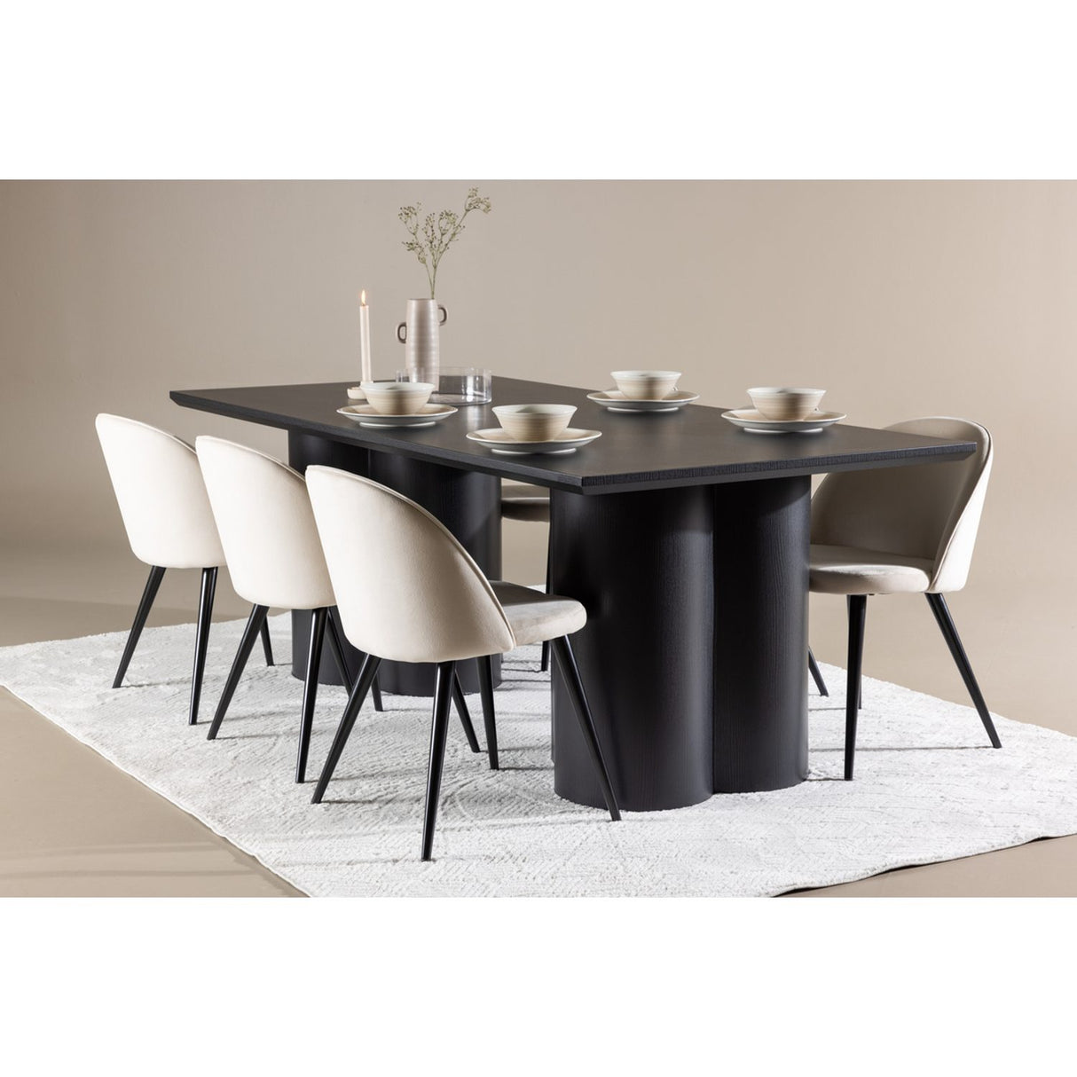 Olivia, Velvet Rektangulär matgrupp Beige, Svart, 6st