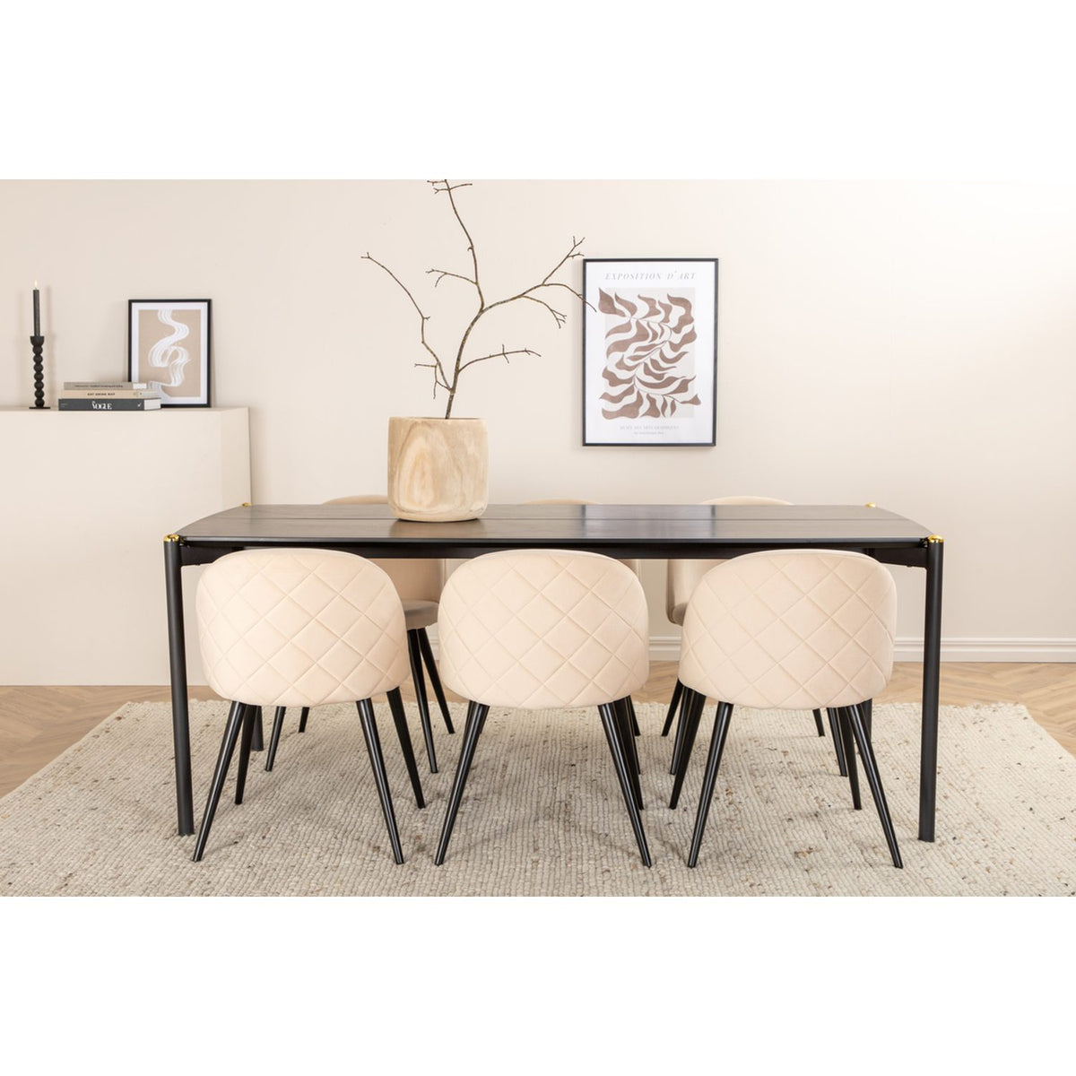 Pelle, Velvet Rektangulär matgrupp Beige, Svart, Svart, 190 x 90