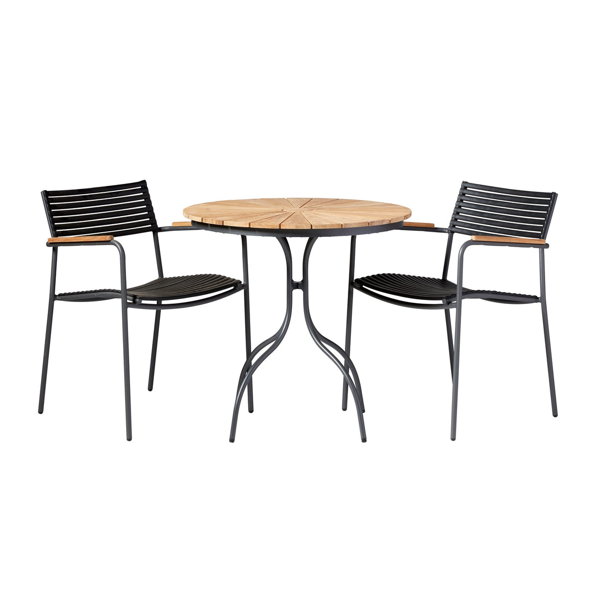 Ellen och Mood Air Caféset i Teak och Aluminium Antracit 1 Bord + 2 Stolar