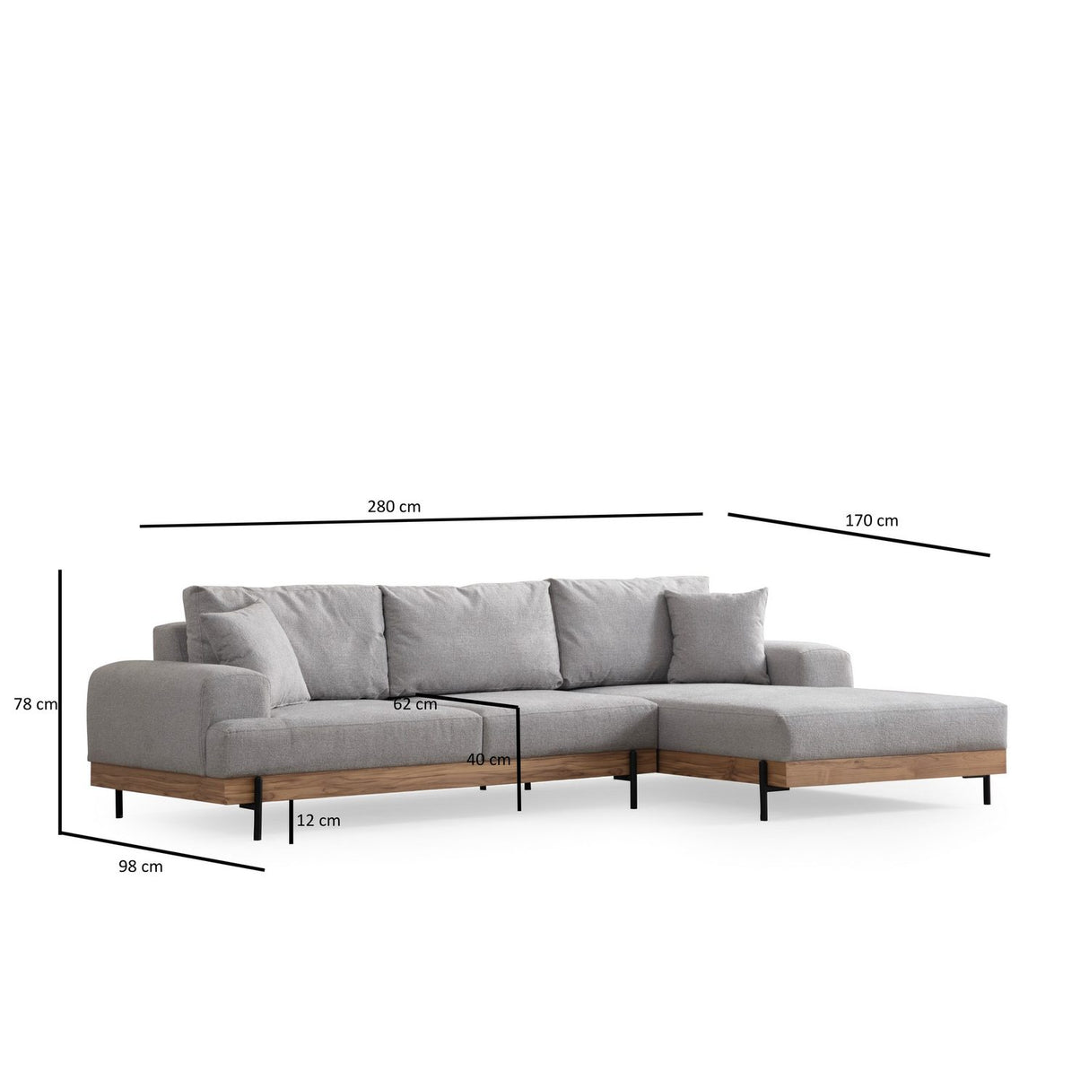 Kigali Oak (280-170 x 98 x 78 cm) Hörnsoffa Grå, Höger