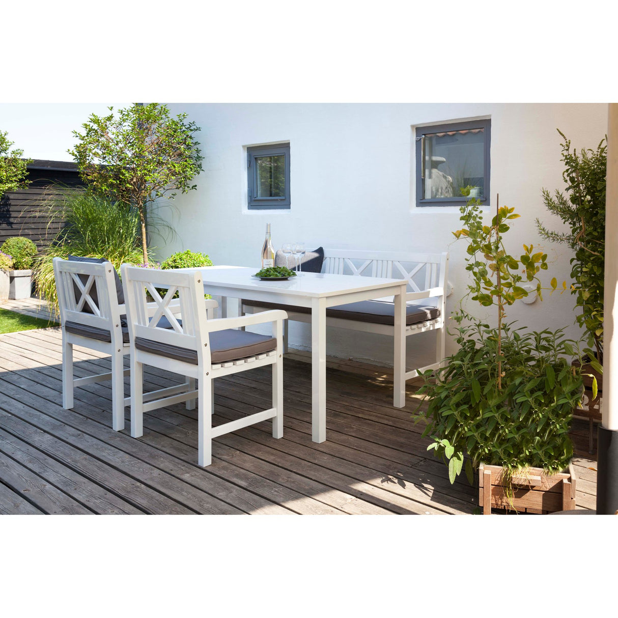 Rosenborg Trädgårdsmöbelset med 1 Bord, 1 Bänk och 2 Stolar Vitlack