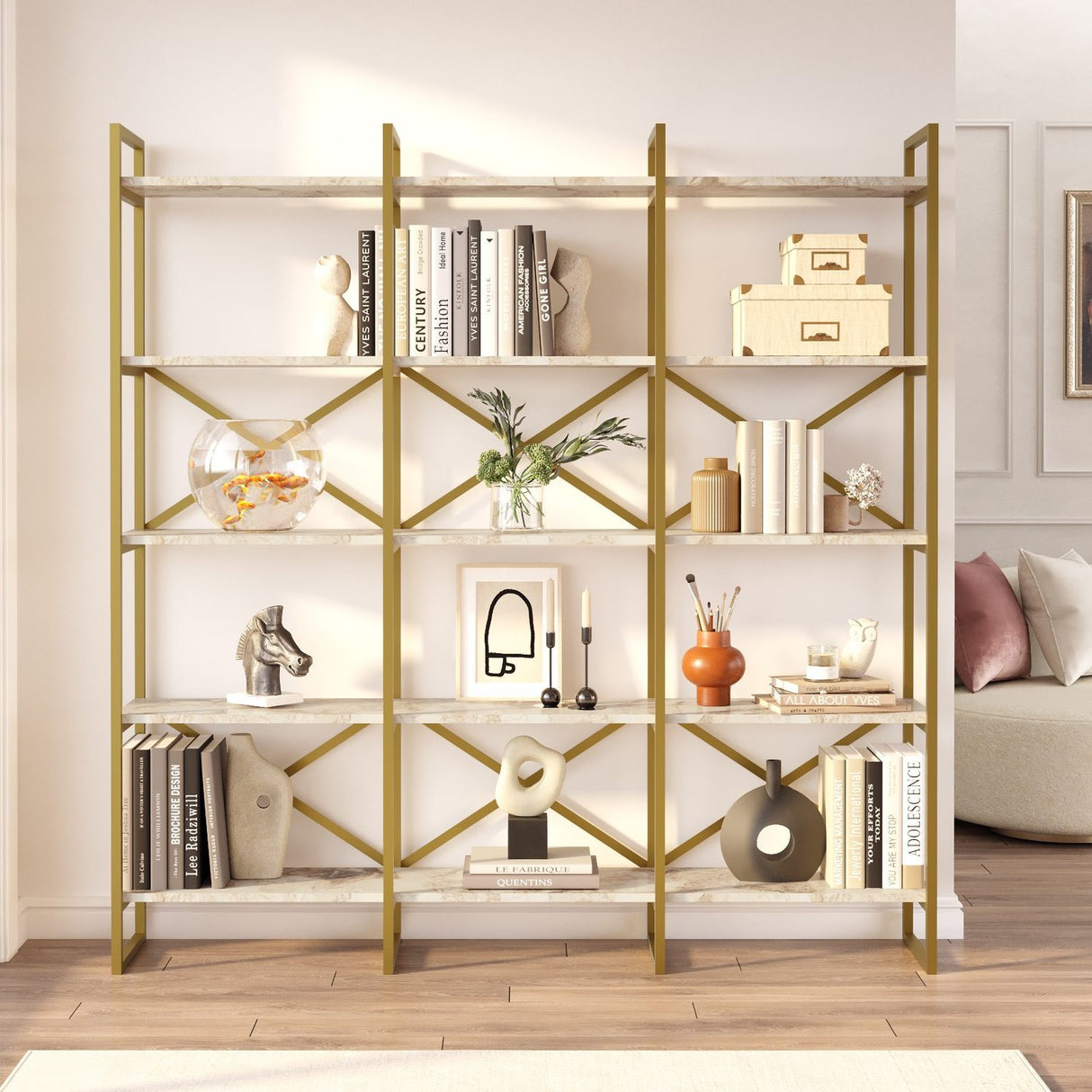 Vegio Wide (170 x 175 x 30 cm) Vit marmor guld Bokhylla