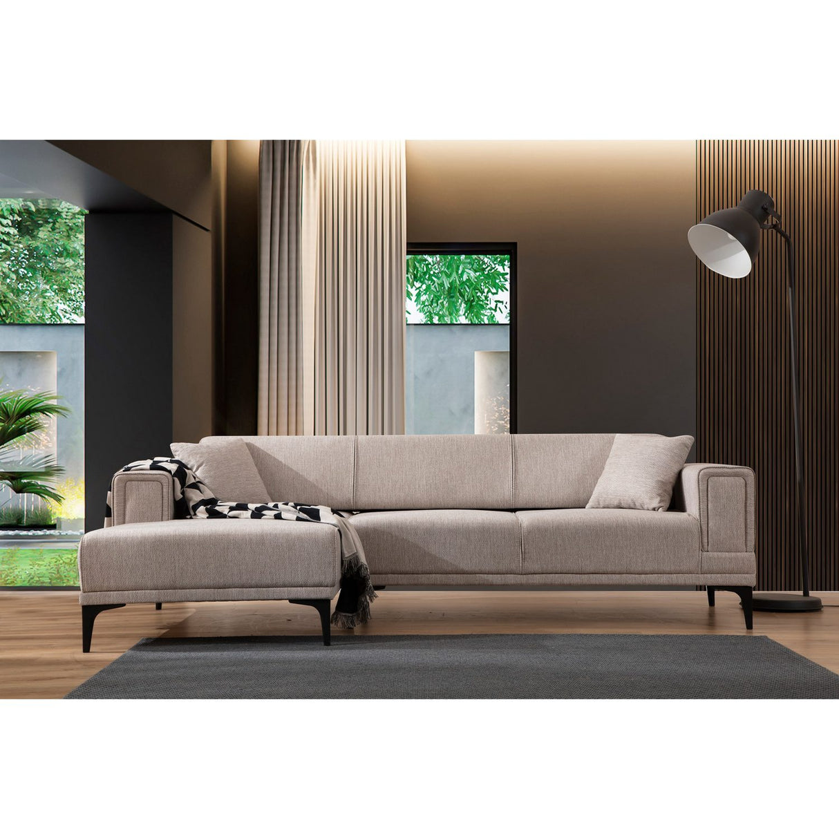 Hanoi (250-140 x 85 x 77 cm) Hörnsoffa-bäddsoffa Ljusbrun, Vänster