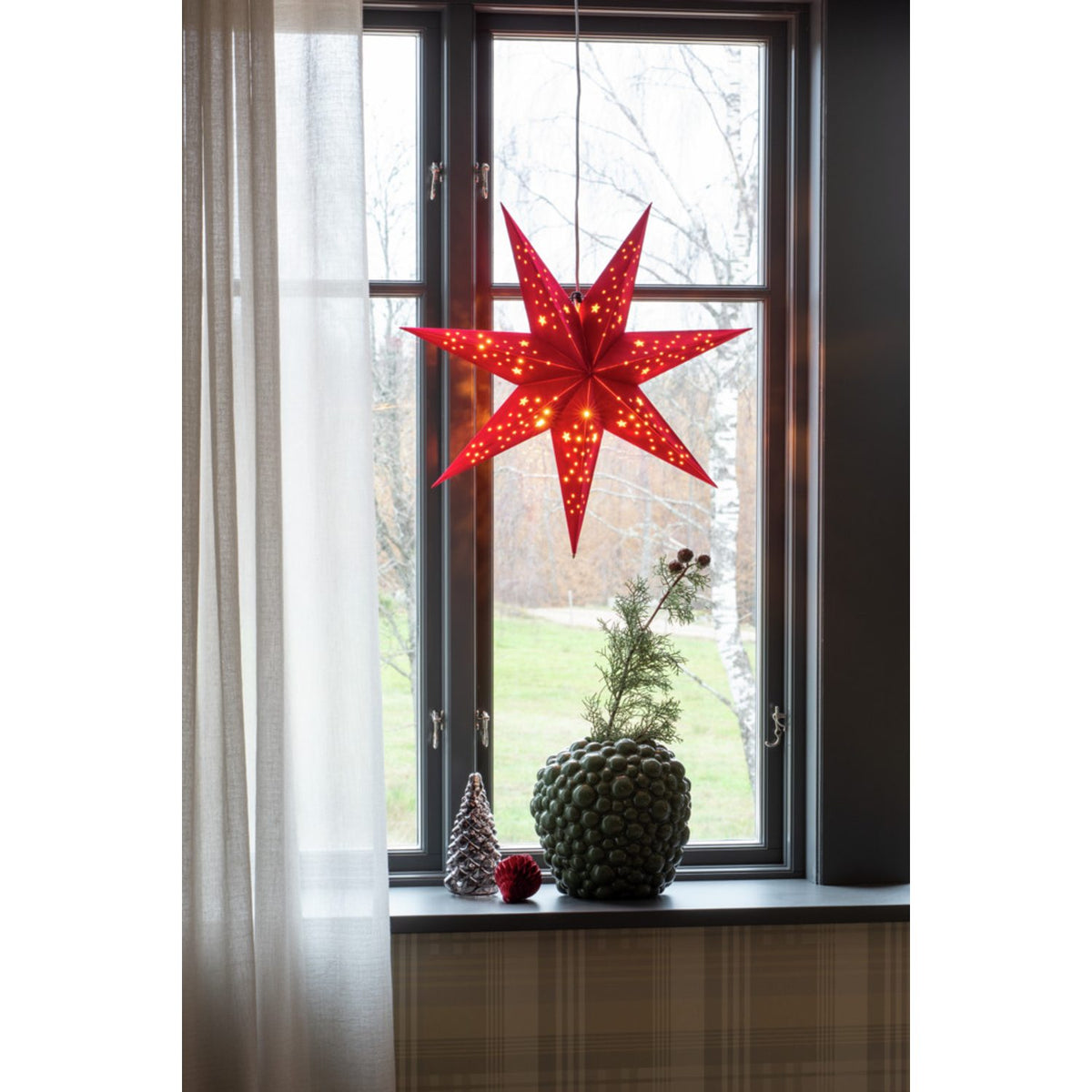 Hängande Papper Sammet med Sladdställ Prickar Julstjärna Inne Röd, 60 cm