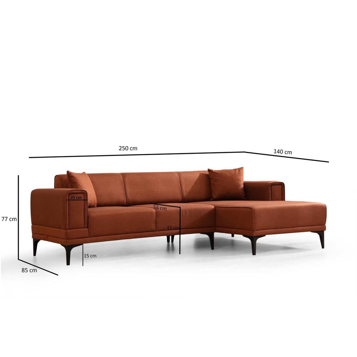 Hanoi (250-140 x 85 x 77 cm) Hörnsoffa-bäddsoffa Kakelröd, Höger