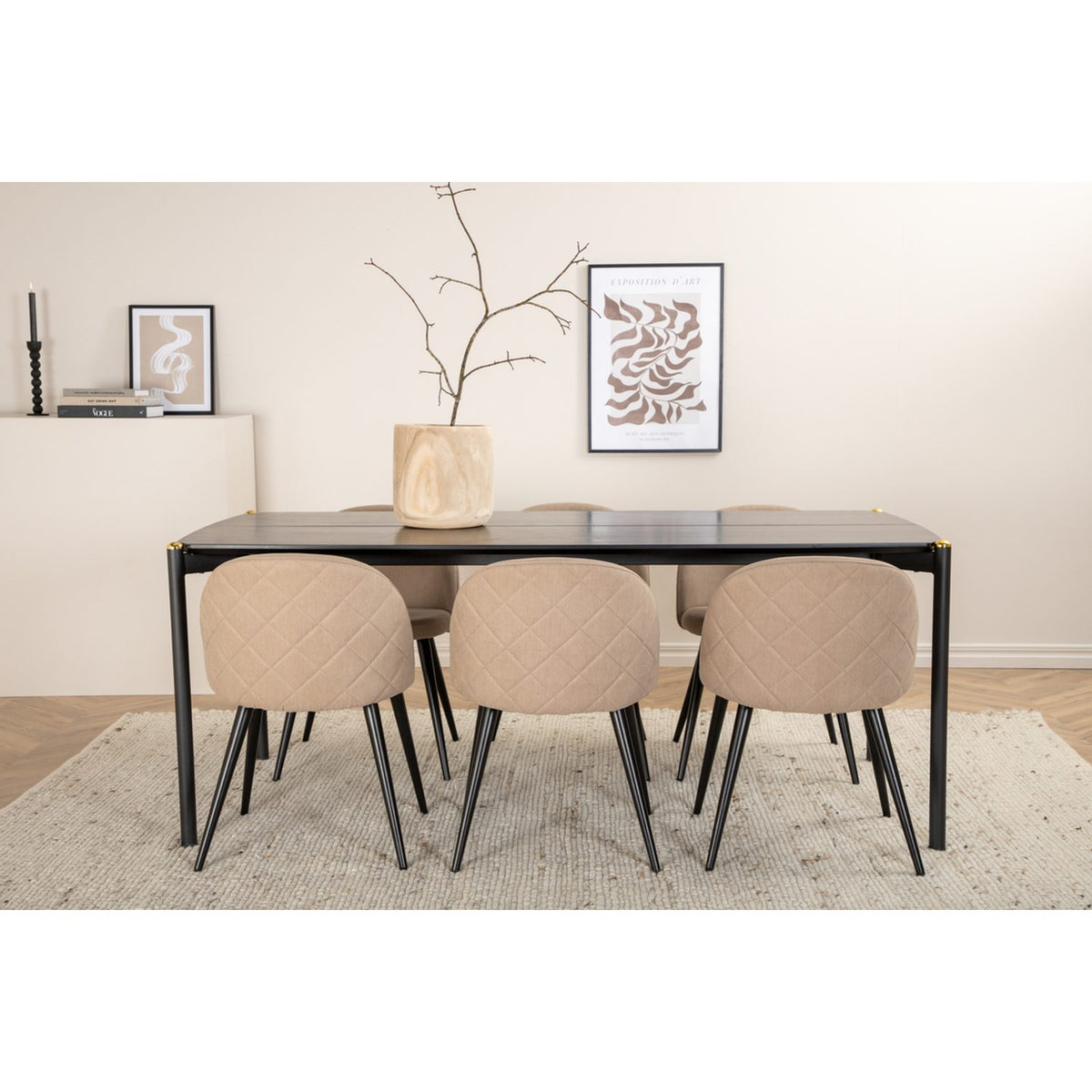 Pelle, Velvet Rektangulär matgrupp Beige, Svart, Linne