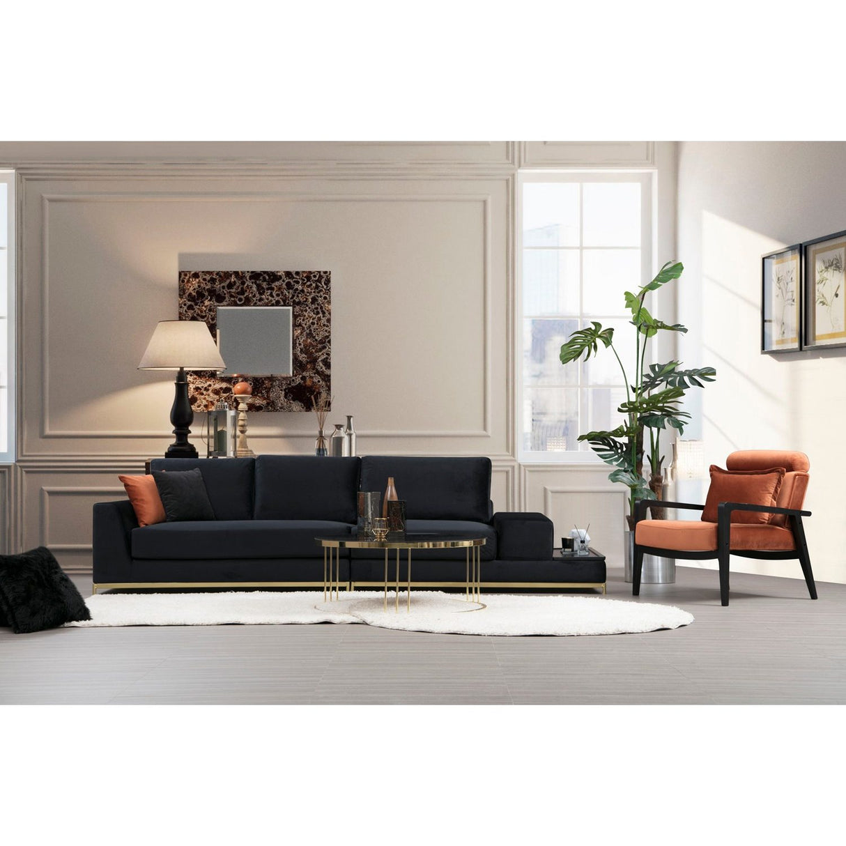 Line med sidobord (320 x 102 x 84 cm) Svart Guld 4-sitssoffa