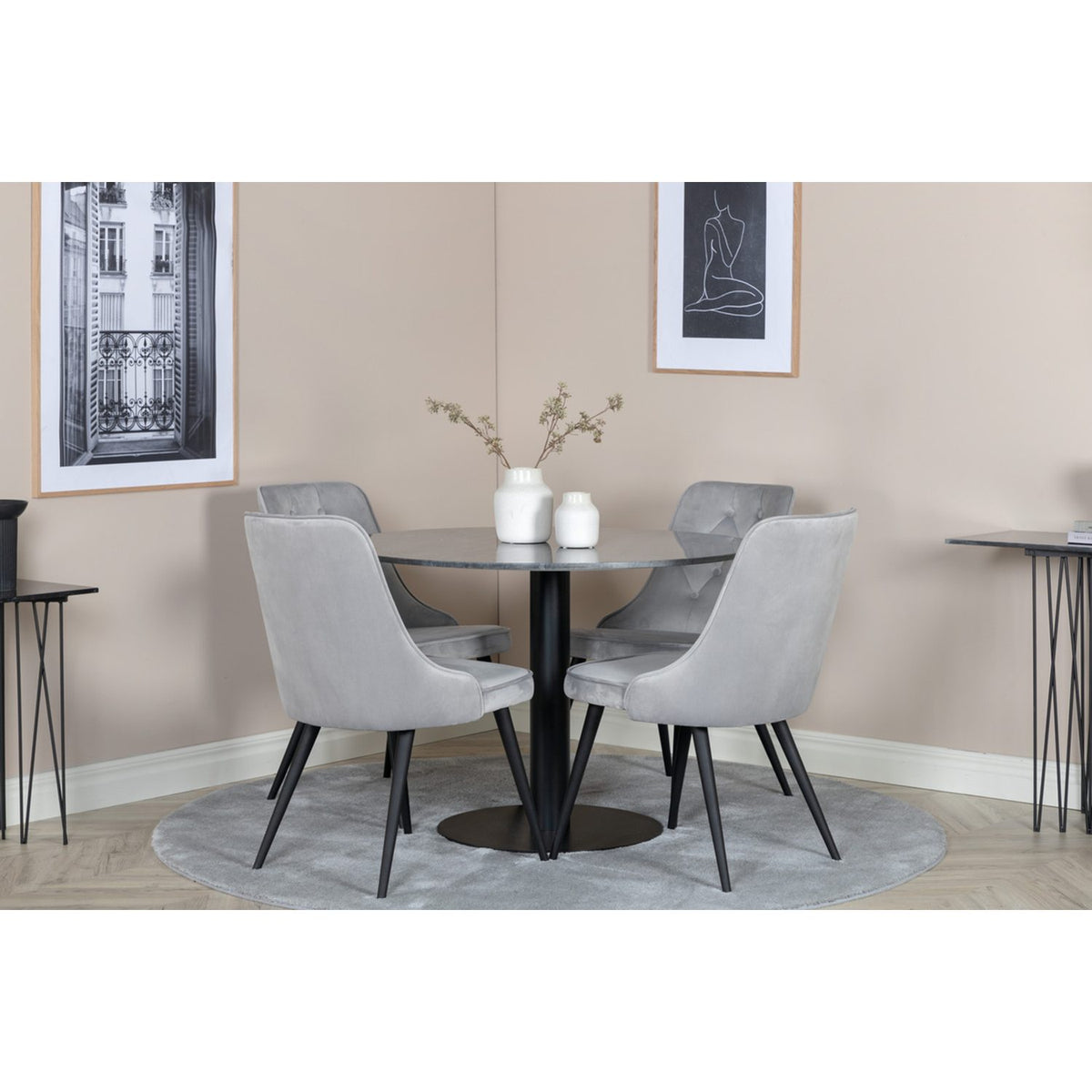 Estelle, Velvet Deluxe Rund matgrupp Svart,Ljusgrå, Svart,Mörkgrå, ⌀106