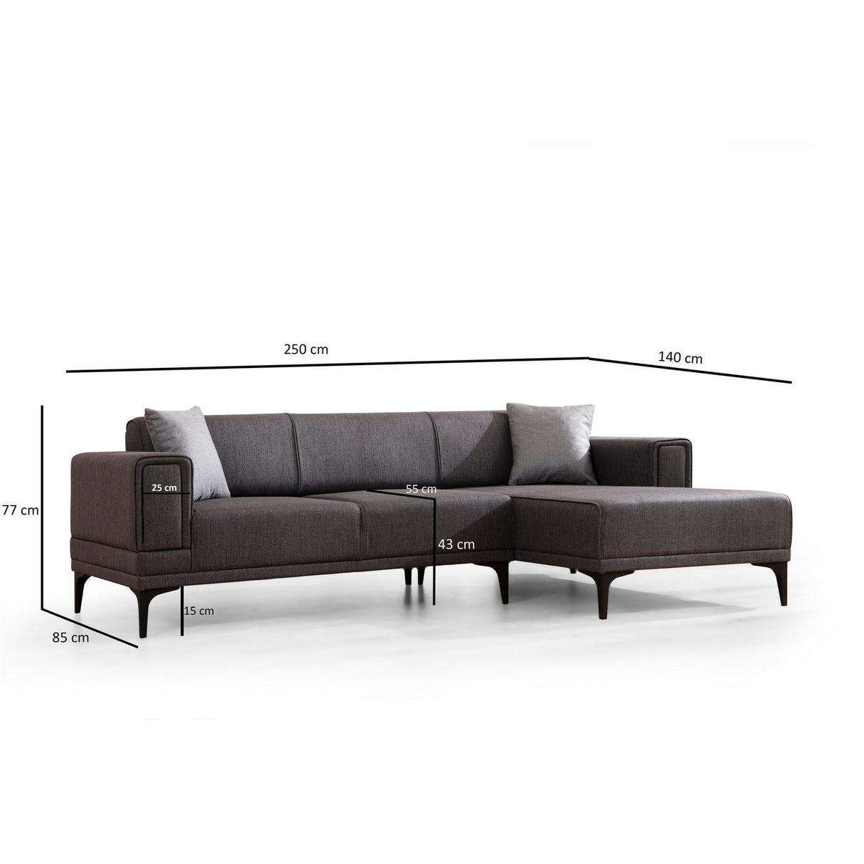 Hanoi (250-140 x 85 x 77 cm) Hörnsoffa-bäddsoffa Mörkgrå, Höger