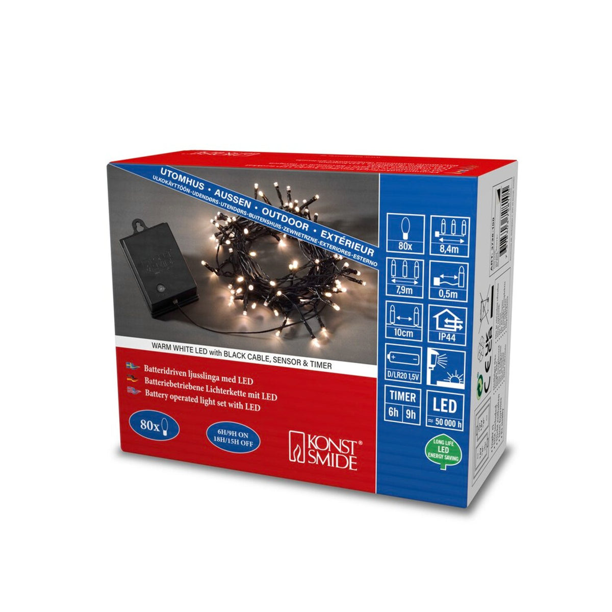 LED Skymningssensor och timer 6/9h Ljusslinga Ute Varmvit/Svart Kabel, 80 Lampor (7.9m)