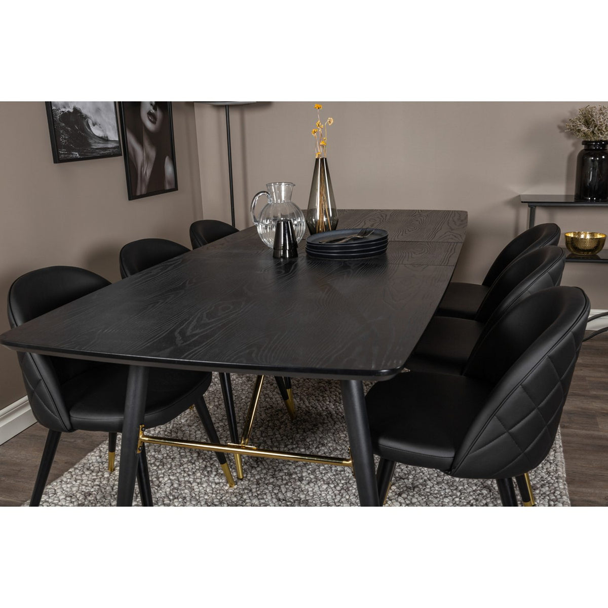 Gold, Velvet Rektangulär matgrupp Svart, Guld, Svart, 180 x 85