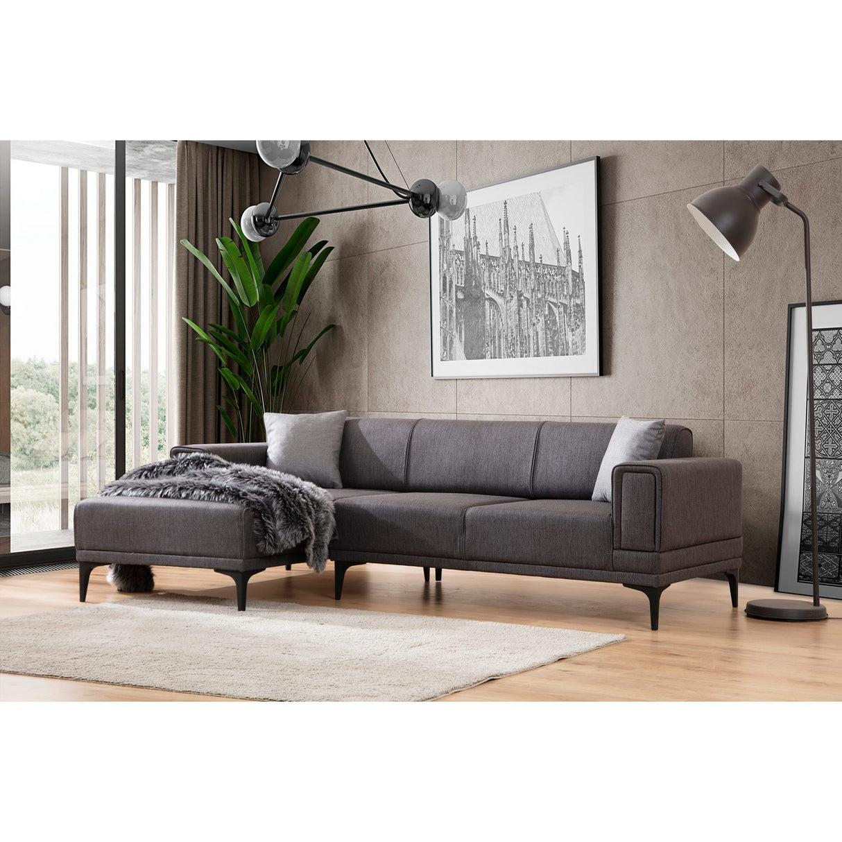 Hanoi (250-140 x 85 x 77 cm) Hörnsoffa-bäddsoffa Mörkgrå, Vänster