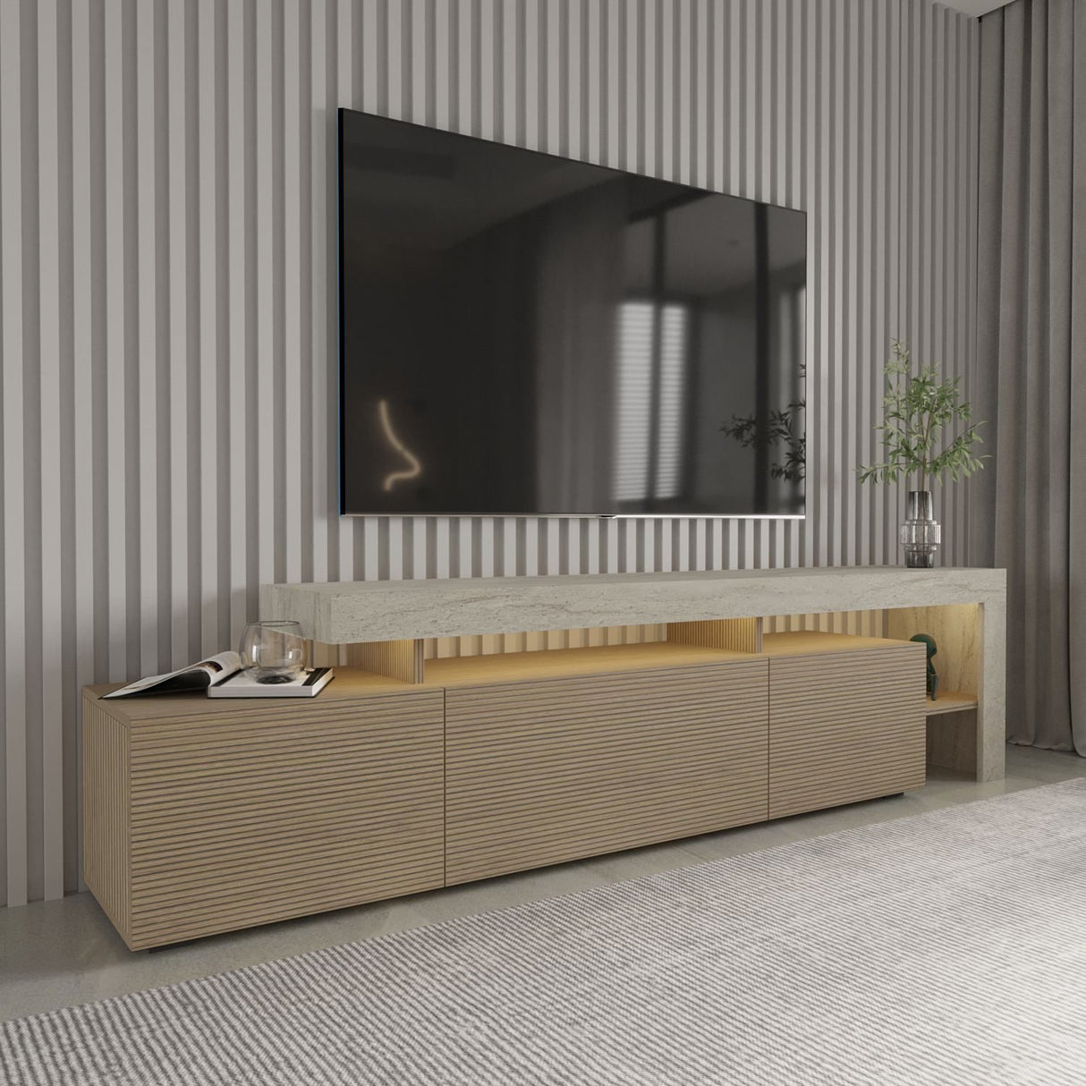 Accra (192 x 53 x 37 cm) TV-bänk Travertin, varm ek