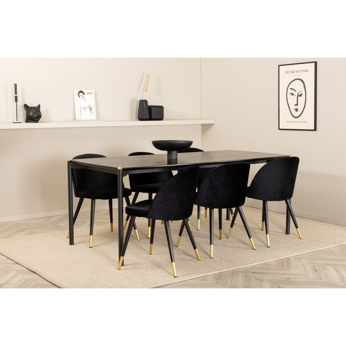 Pelle, Velvet Rektangulär matgrupp Svart, guld, Svart, 190 x 90