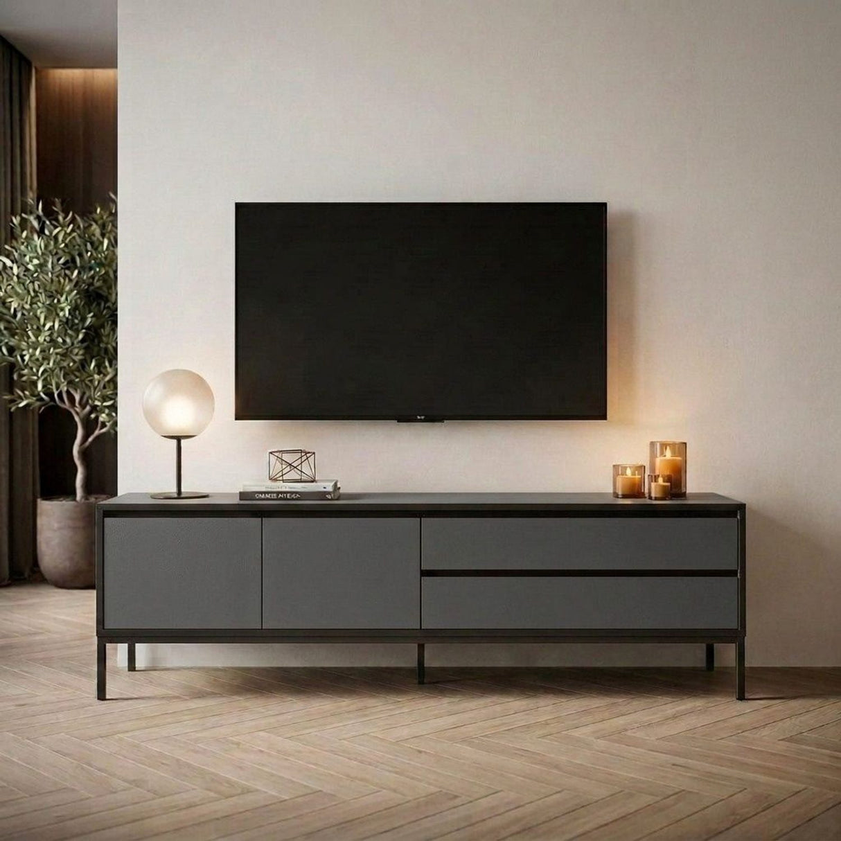 Lorenza (180 x 55 x 40 cm) TV-bänk Antracit trä svart svart