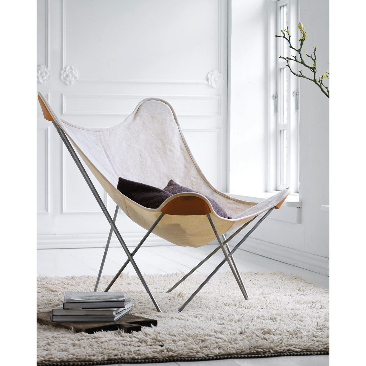 Cotton Canvas Mariposa Fåtölj Krom, Off White, Läderhörn
