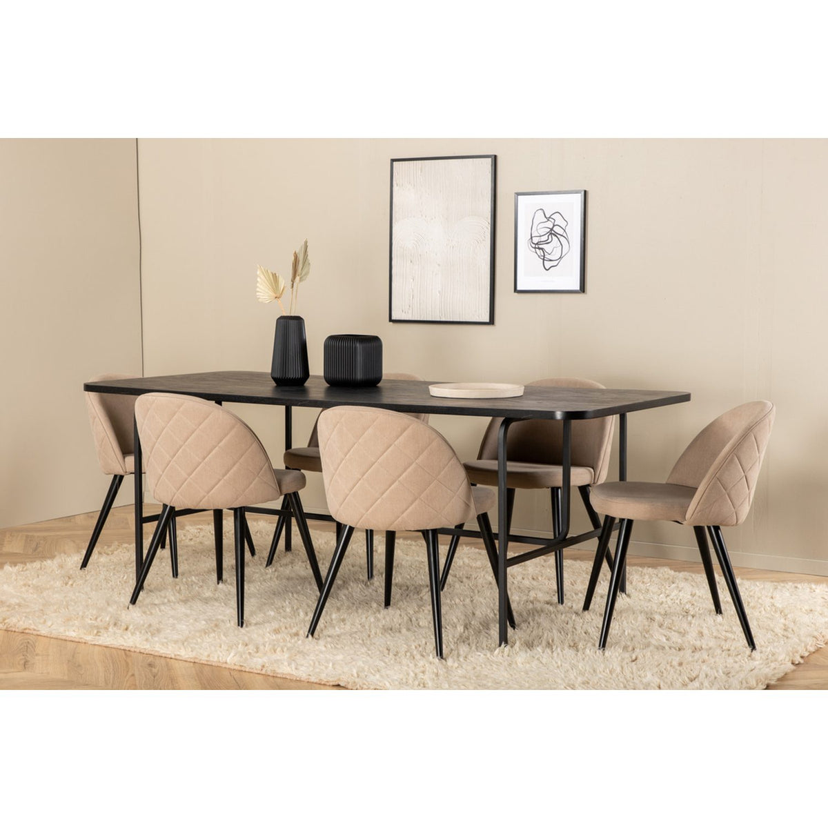 Uno, Velvet Rektangulär matgrupp Beige, Svart, Svart, 200 x 90