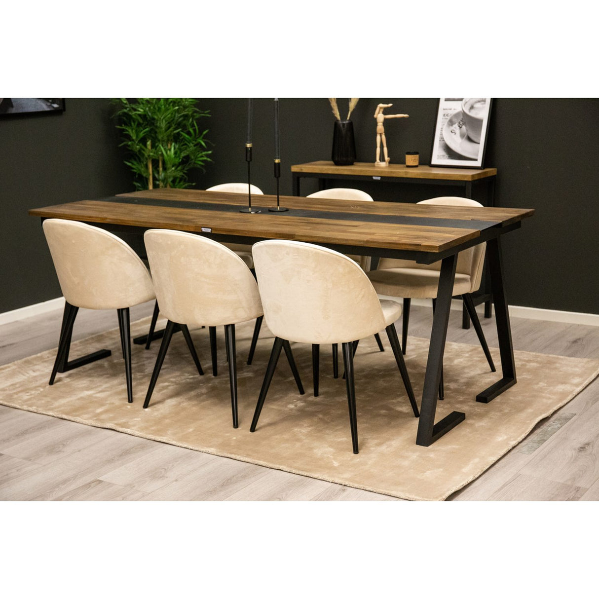 Jakarta, Sammet Rektangulär matgrupp Beige, Svart, Svart,Natur, 200 x 90