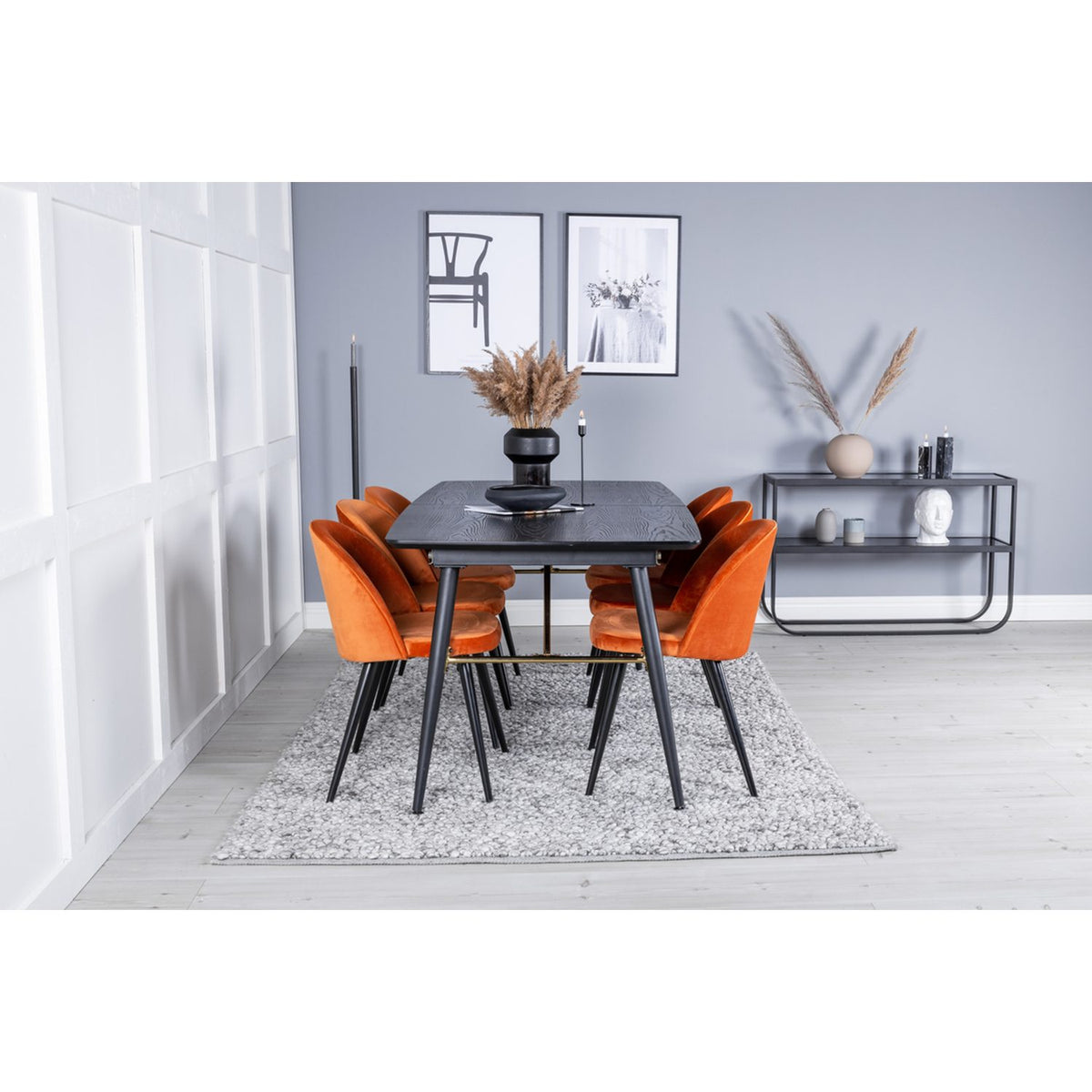 Guld, sammet Rektangulär matgrupp Svart, rostig orange, Svart, 180 x 85