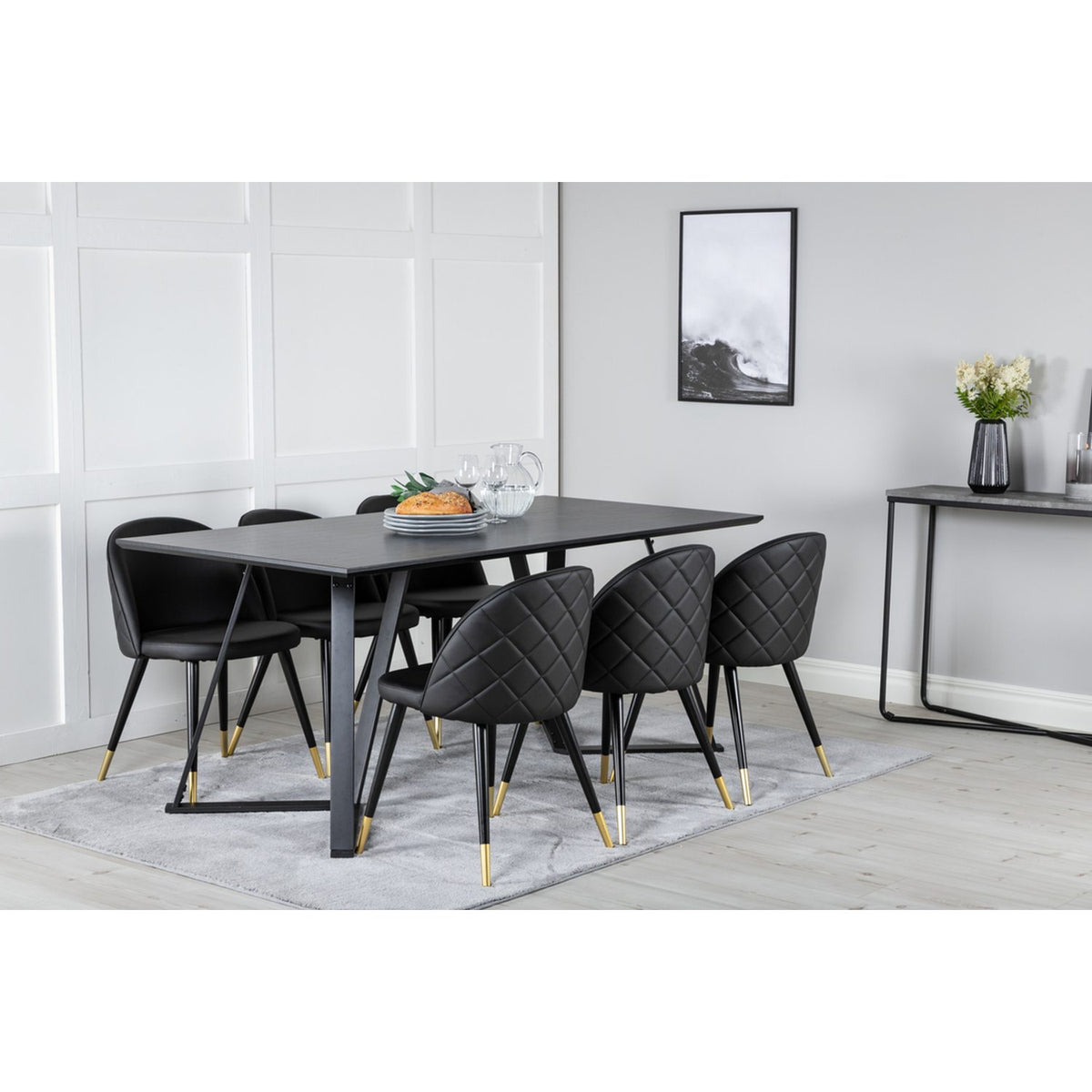 Marina, Velvet Rektangulär matgrupp Svart,Guld, Svart, 180 x 90