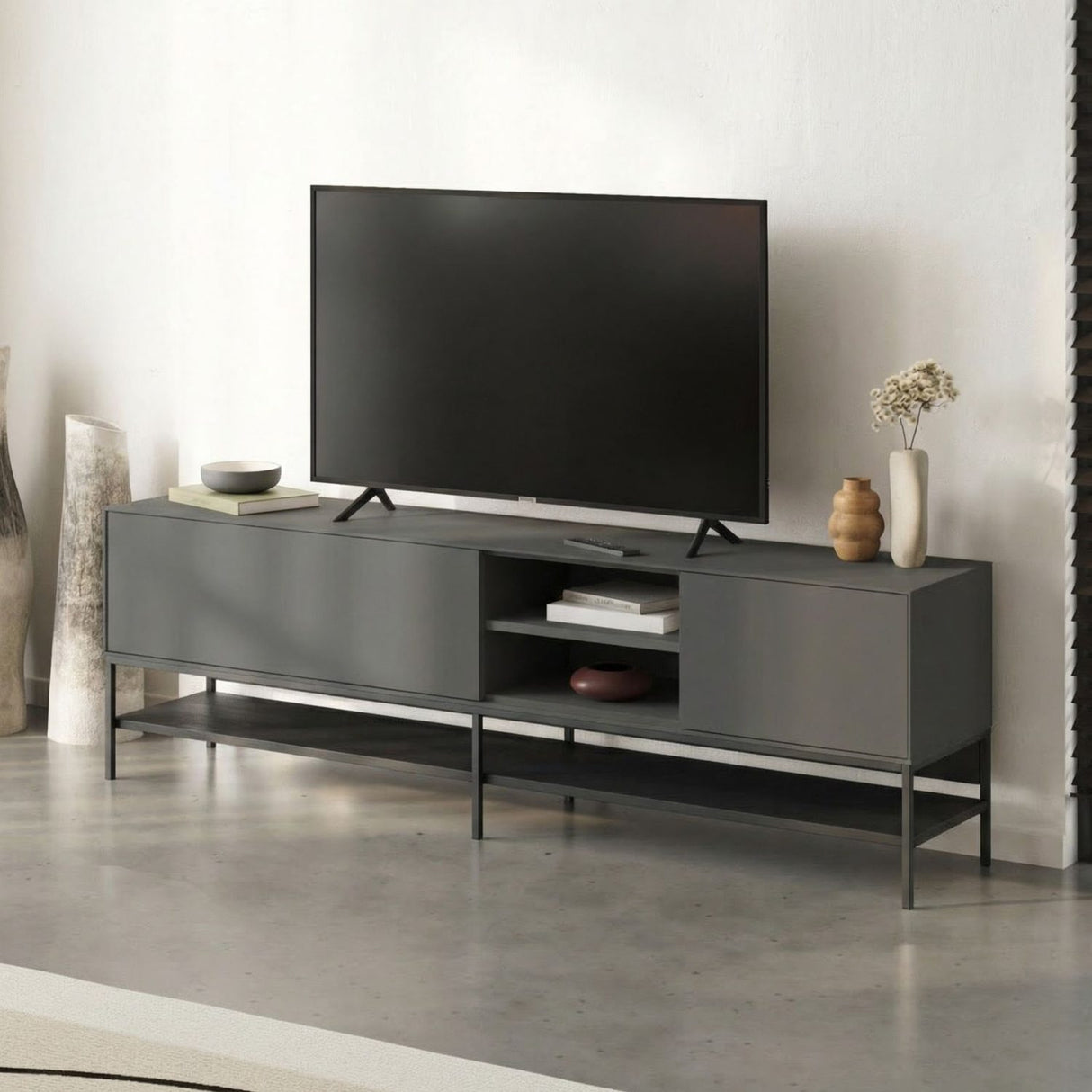 Tallinn (180 x 55 x 35 cm) TV-bänk Antracit trä svart svart