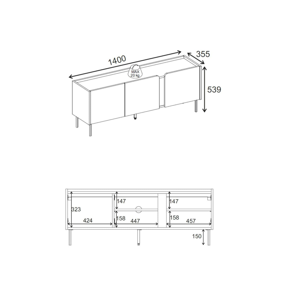 Lucile (140 x 53,9 x 35,5 cm) TV-bänk Antracit Natur ek Svart