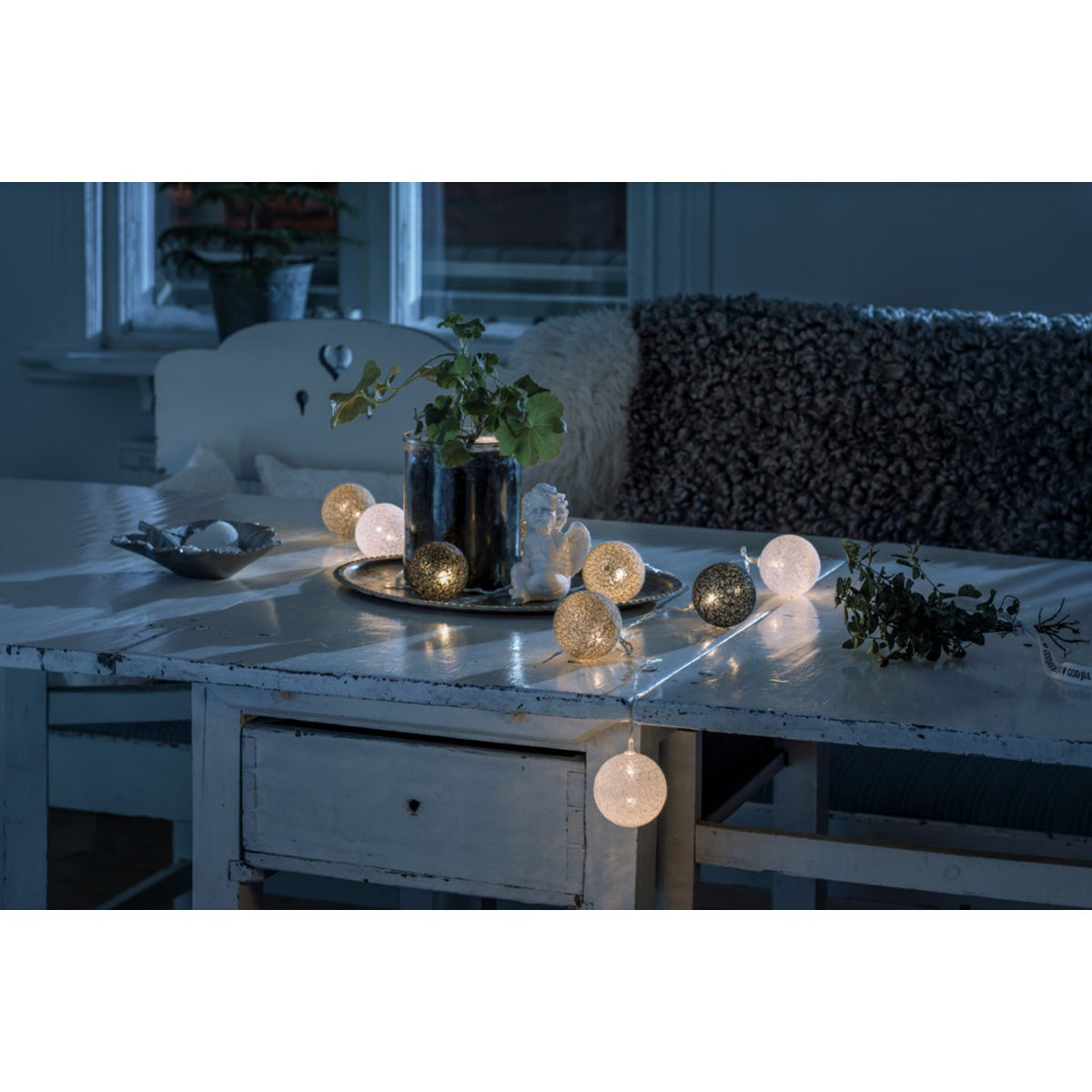10 Garnbollar 6cm LED Ljusslinga Inomhus Vit/grå/svart