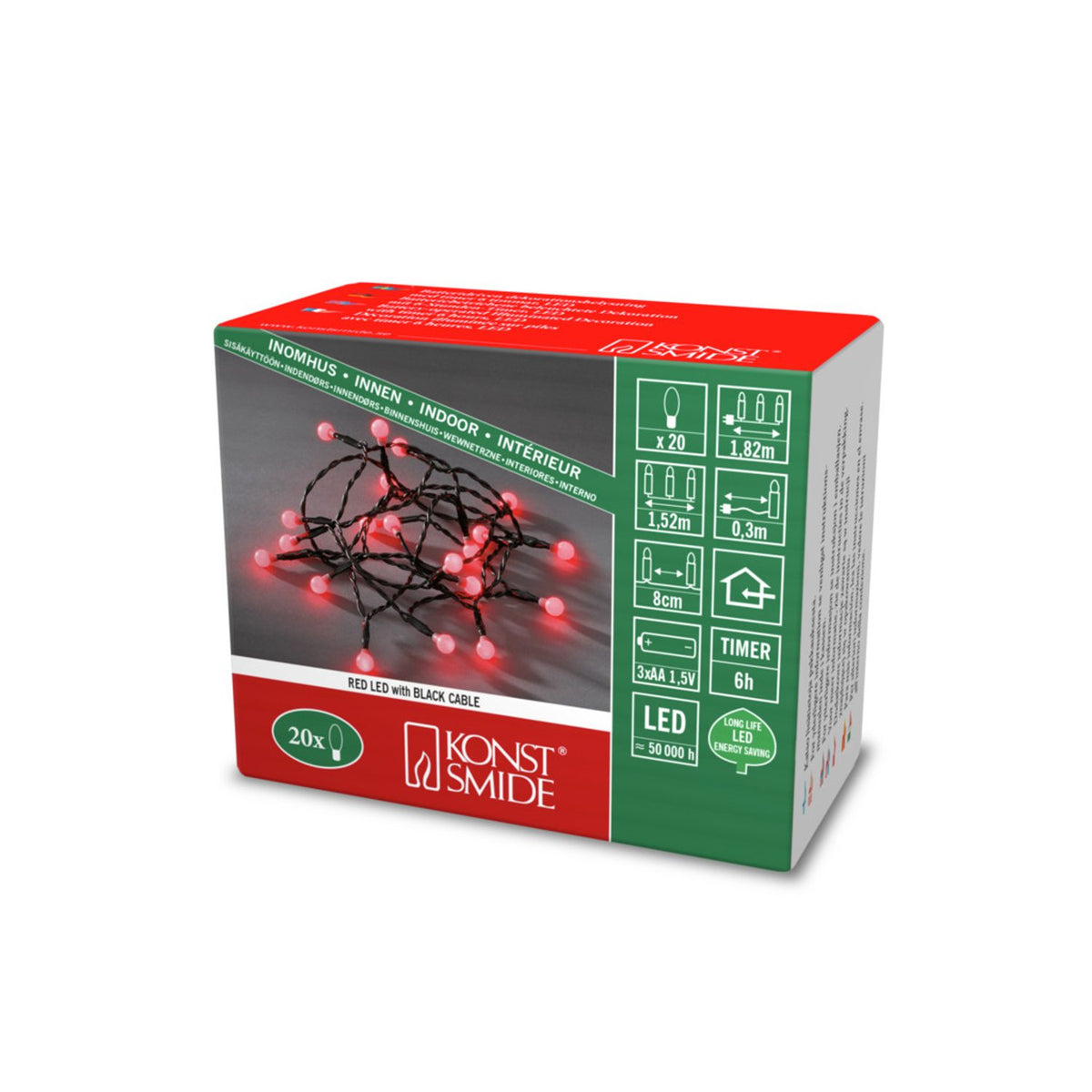 Cherry LED Timer 6h Ljusslinga Inomhus 20 Lampor (1.52m), Röd