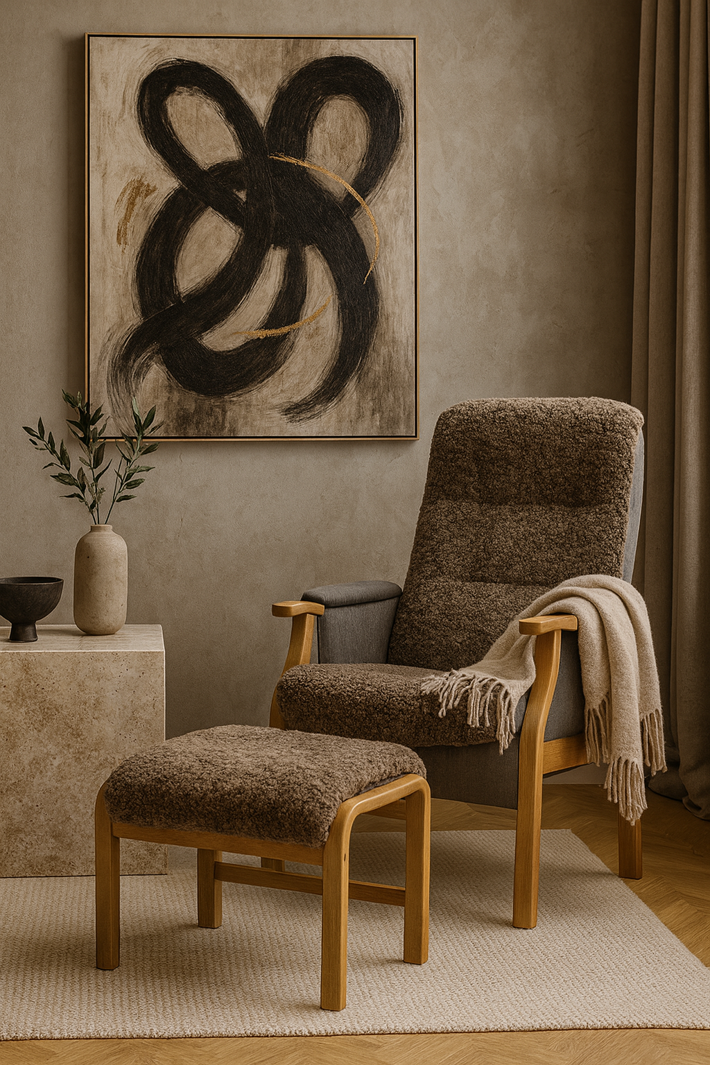 Bergen Elektrisk Reclinerfåtölj ink Pall Fårskinn Sahara