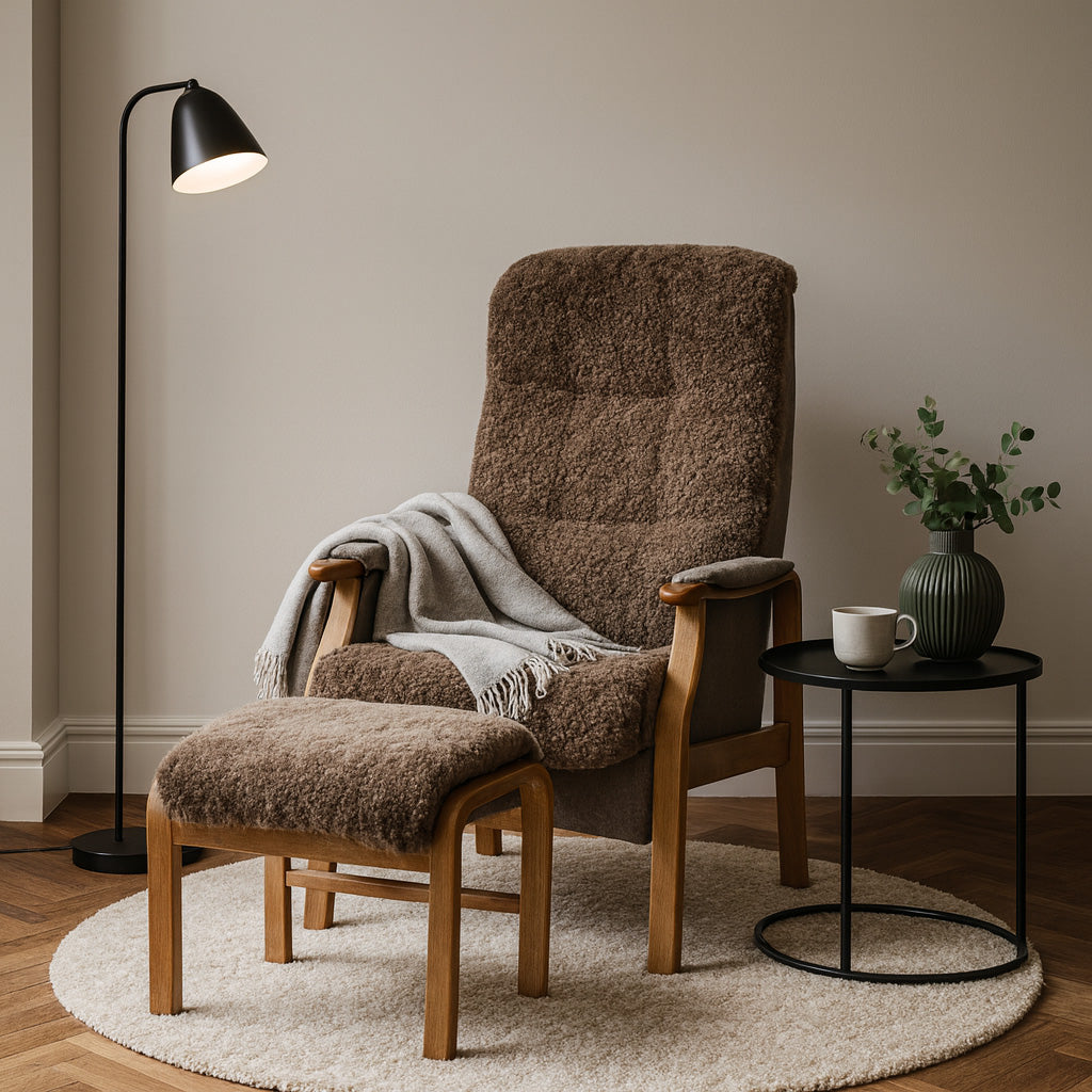 Bergen Reclinerfåtölj ink Pall Fårskinn Sahara