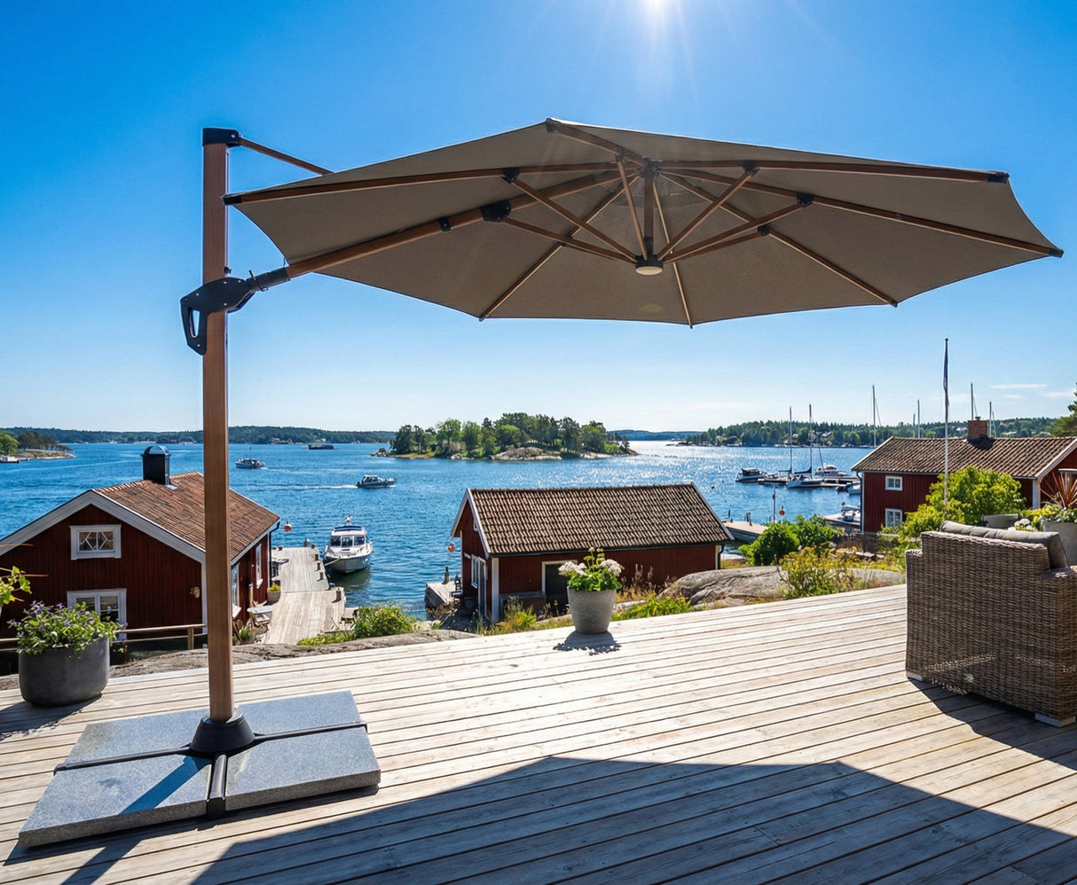 Caserta Frihängande Parasoll Beige/Wood 3x3m LED