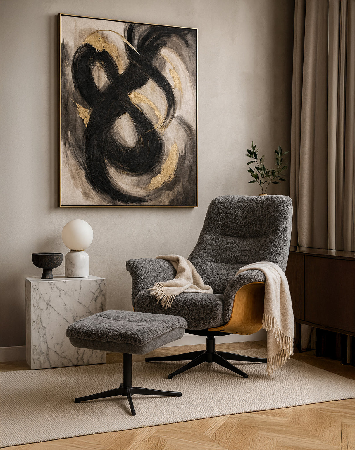 Fårö Snurrfåtölj ink Pall Fårskinn Grafit