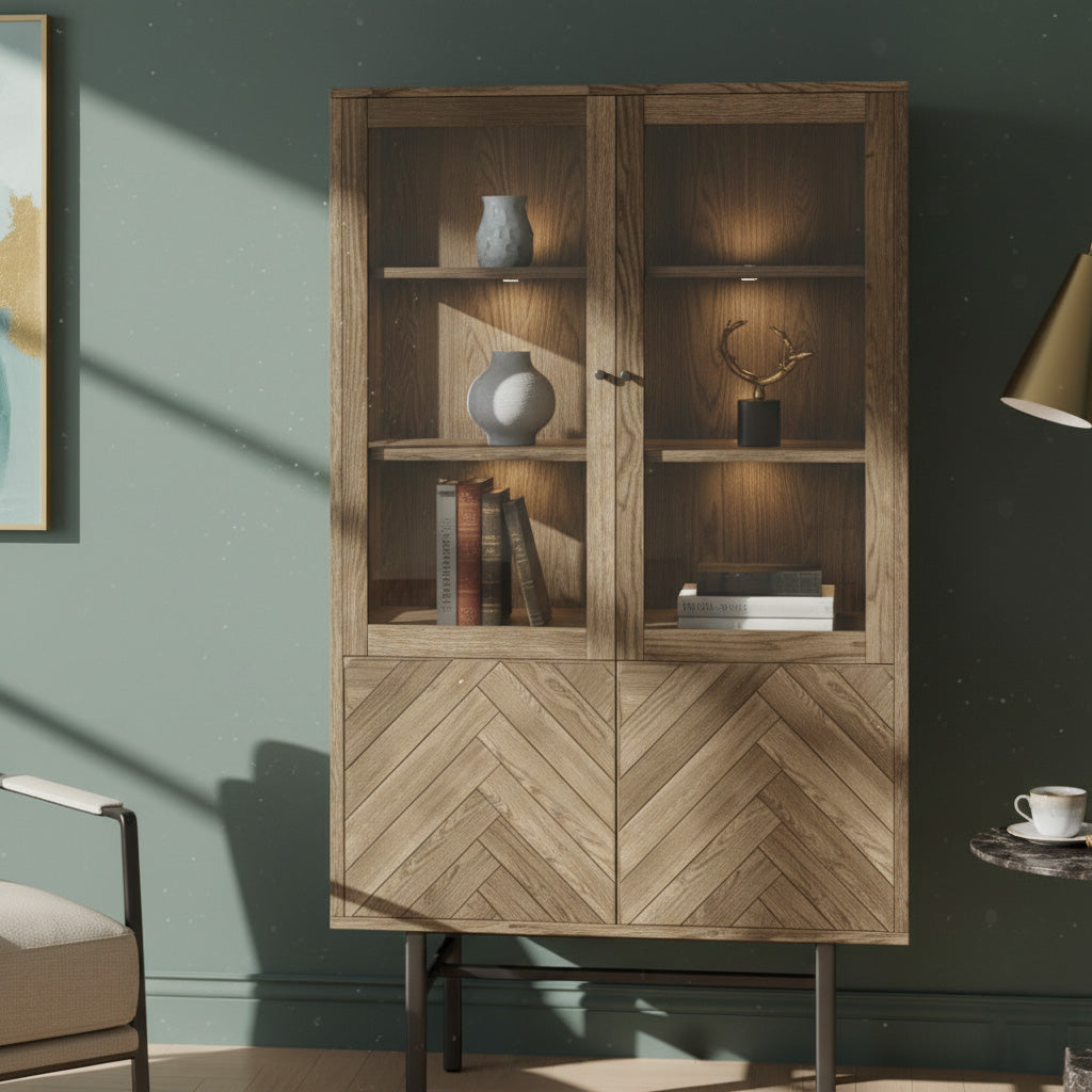 Vitrinskåp Nr.230 Fiskbensdörrar 100x180 cm Rökoljad Ek