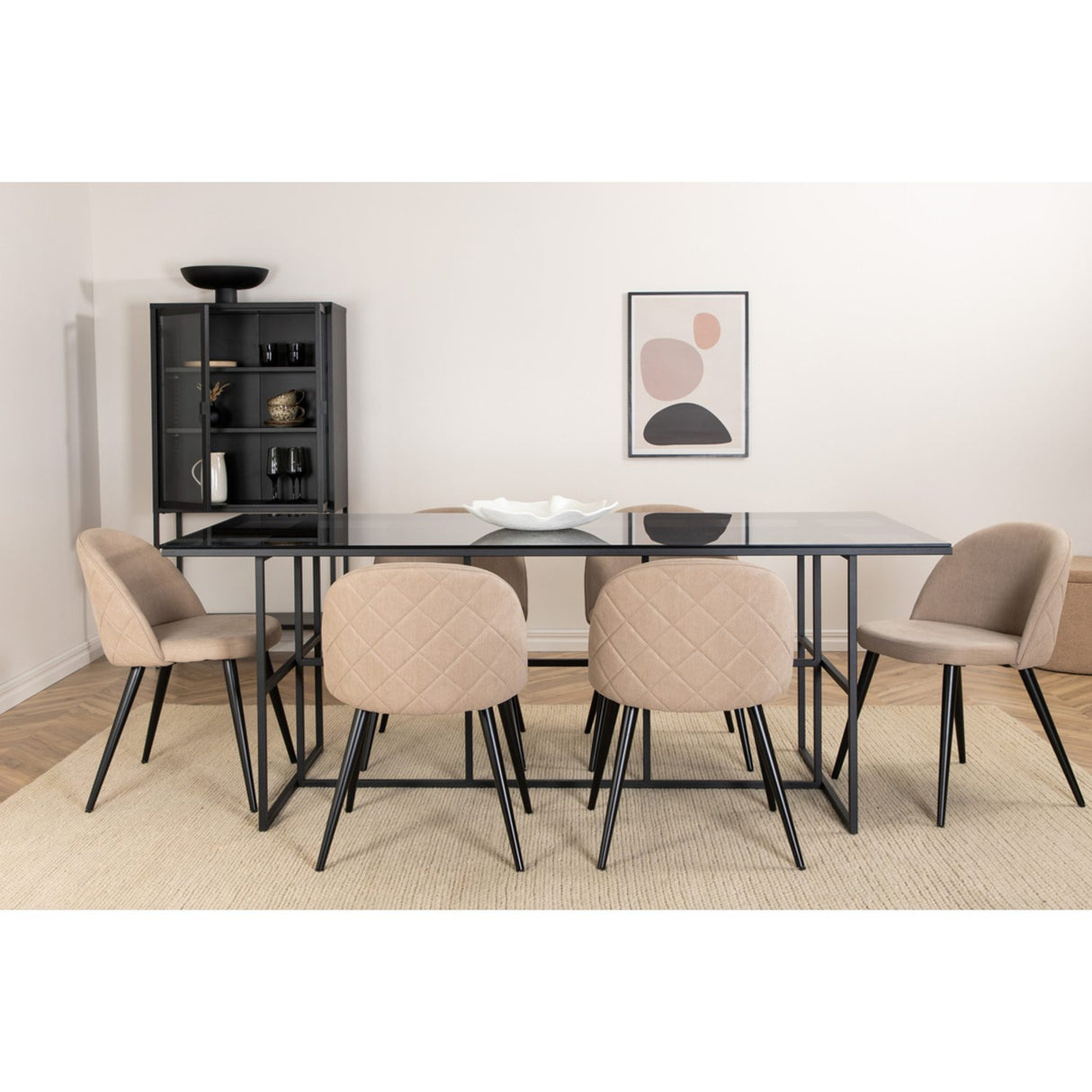Leif, Velvet Rektangulär matgrupp Beige, Svart, Svart, 200 x 90