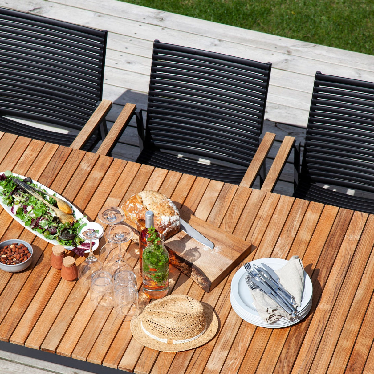 Mood/Mood Extreme Trädgårdsmöbelset i Teak och Aluminium Antracit 208 cm + 6 stolar