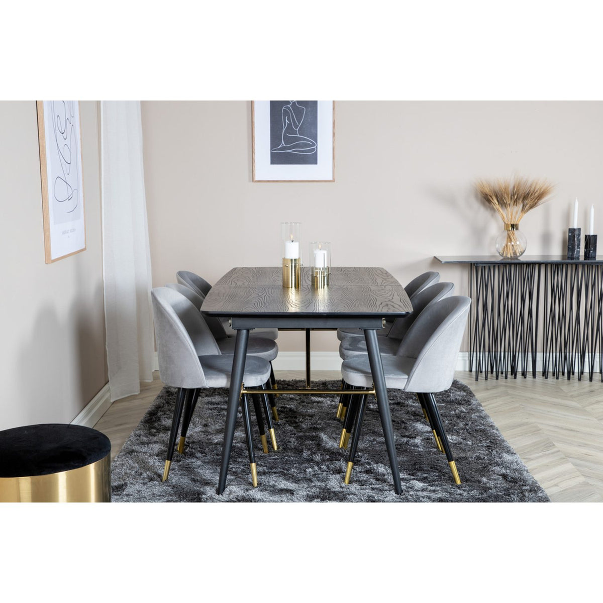 Gold, Velvet Rektangulär matgrupp Svart,Guld,Grå, Svart, 180 x 85