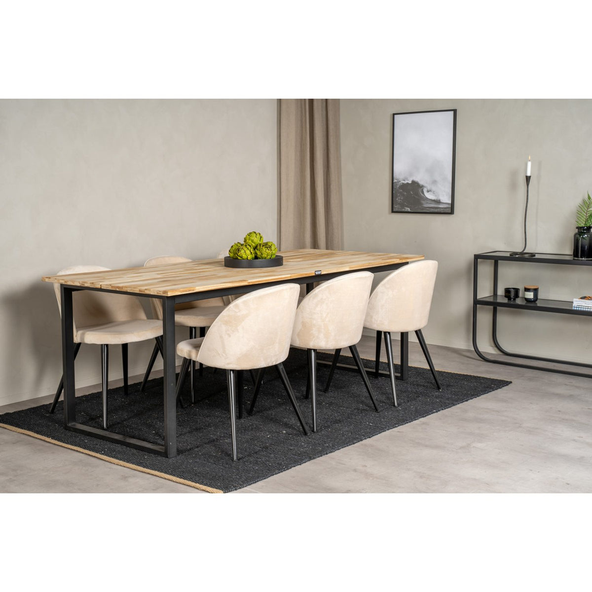 Cirebon, Velvet Rektangulär matgrupp Beige,Svart, Svart,Natur, 200 x 90