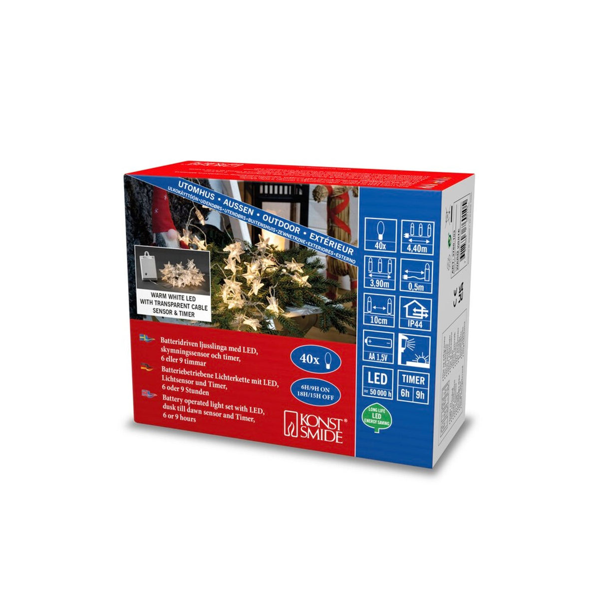 Stjärnor 40 Varmvit LED sensor/timer 6/9h Ljusslinga Ute