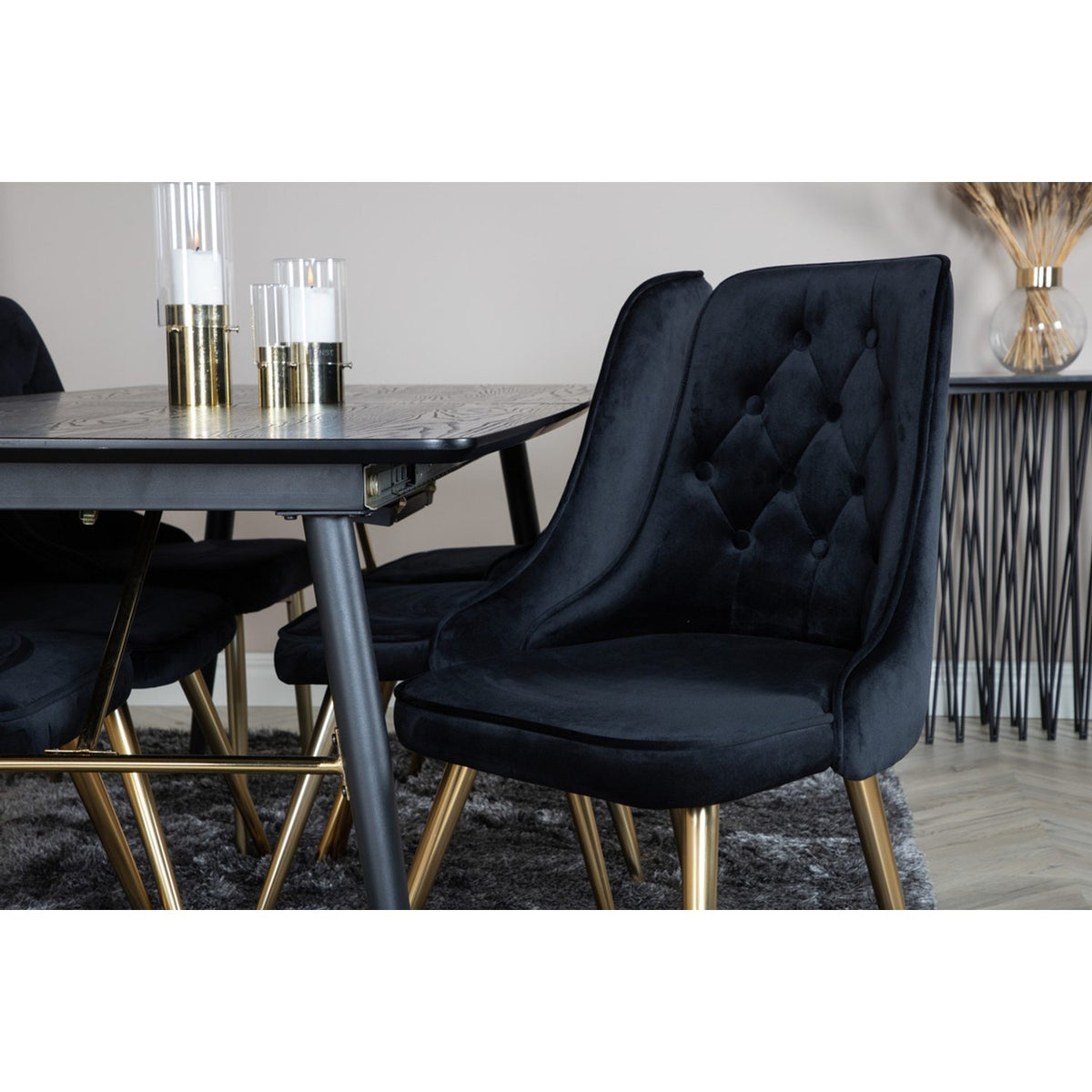 Gold, Velvet Deluxe Rektangulär matgrupp Svart, Guld, Svart, 180 x 85