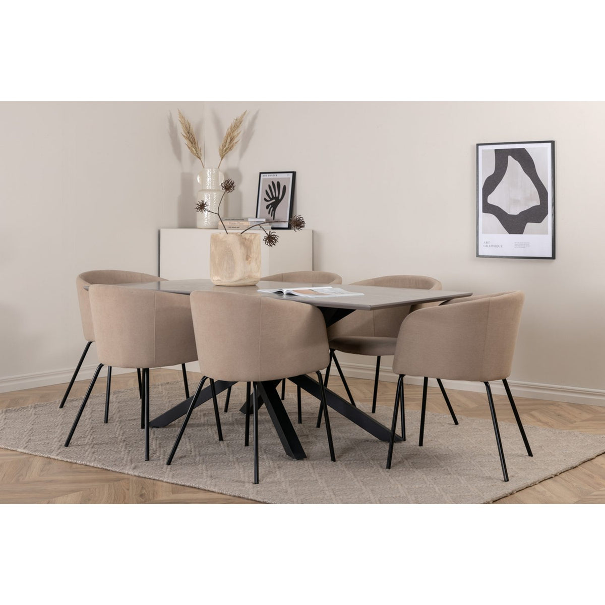Piazza, Berit Rektangulär matgrupp Beige, Svart, Svart, mörkgrå, 180 x 90