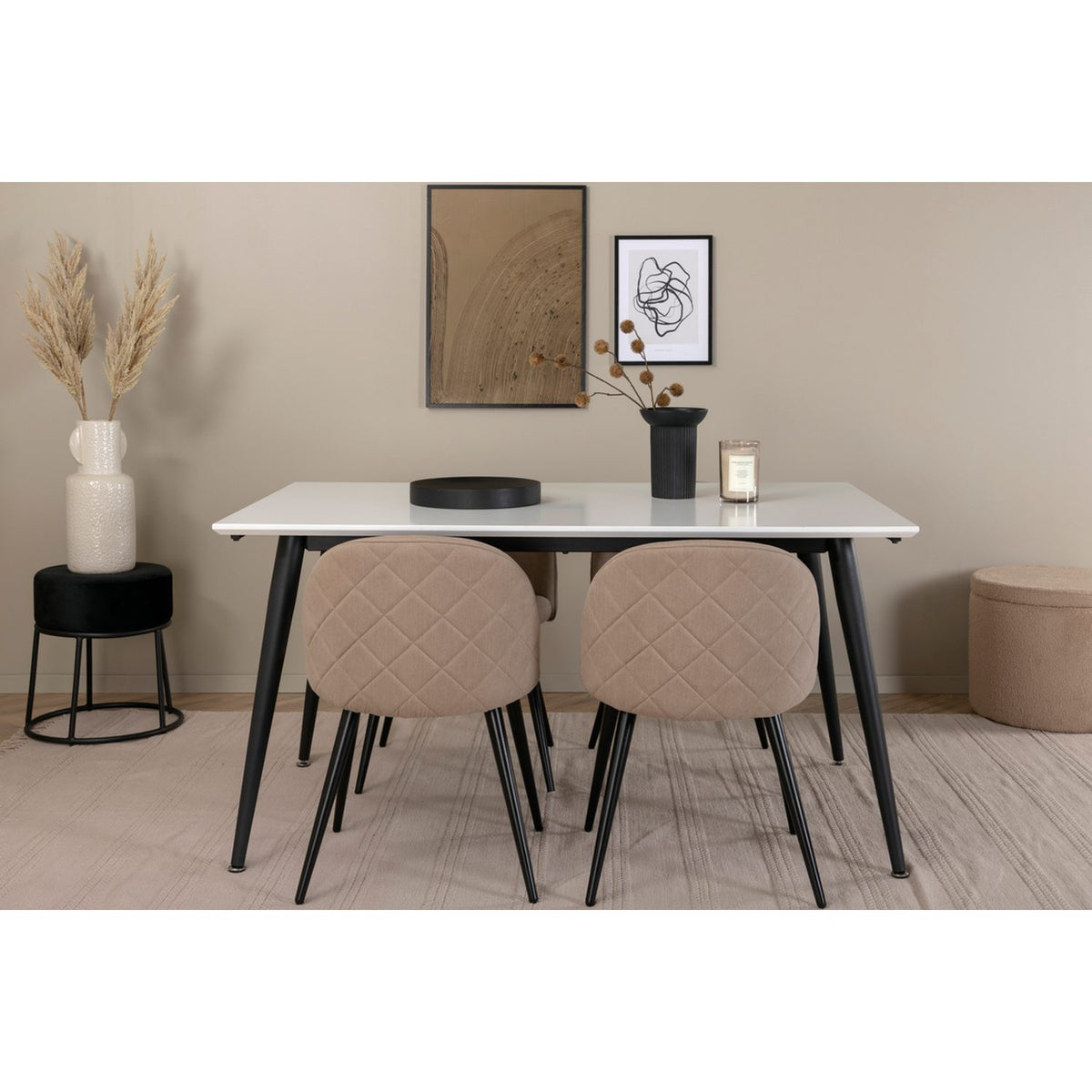 Jimmy, Velvet Rektangulär matgrupp Beige, Svart, Svart,Vitt, 150 x 90